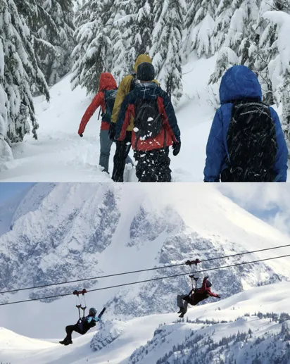 Whistler visitors wearing rentals doing outdoor activities like Winter skiing, snowboarding to snowmobiling, snowshoeing, zip-lining and ice skating.