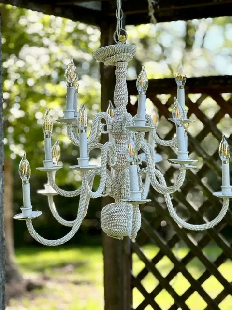 White Hanging Chandelier  Beaded Pearls