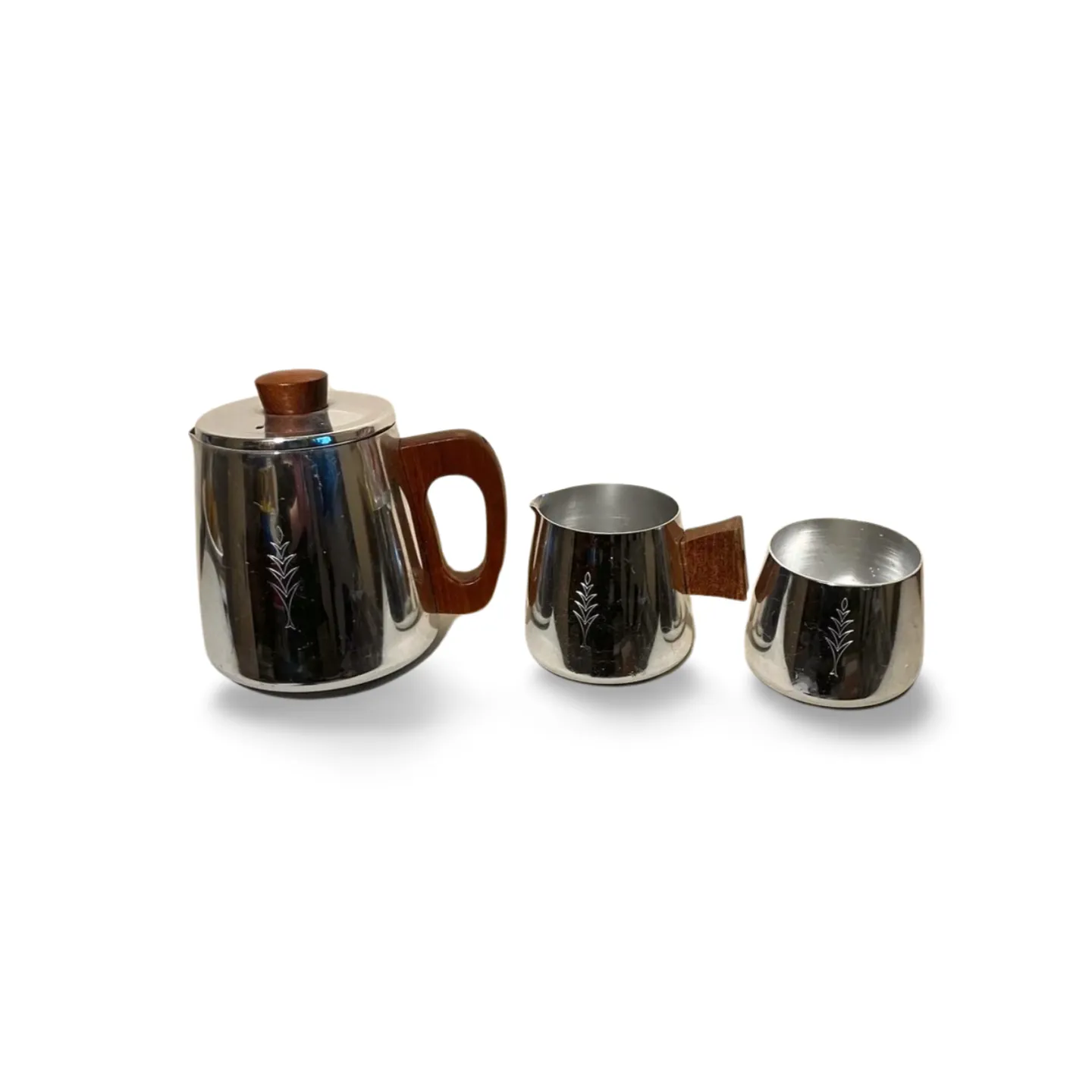Teapot, Jug & Sugar Bowl Set - Steel, Wooden handle, 1970's style