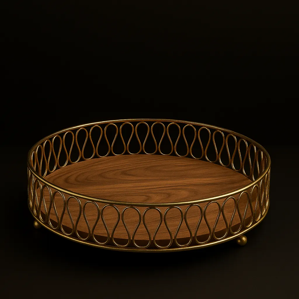 12" Gold-Rimmed Wood Cake Stand