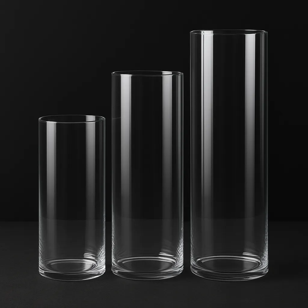 3 Clear Glass Cylinder Vases 14", 16", 18"