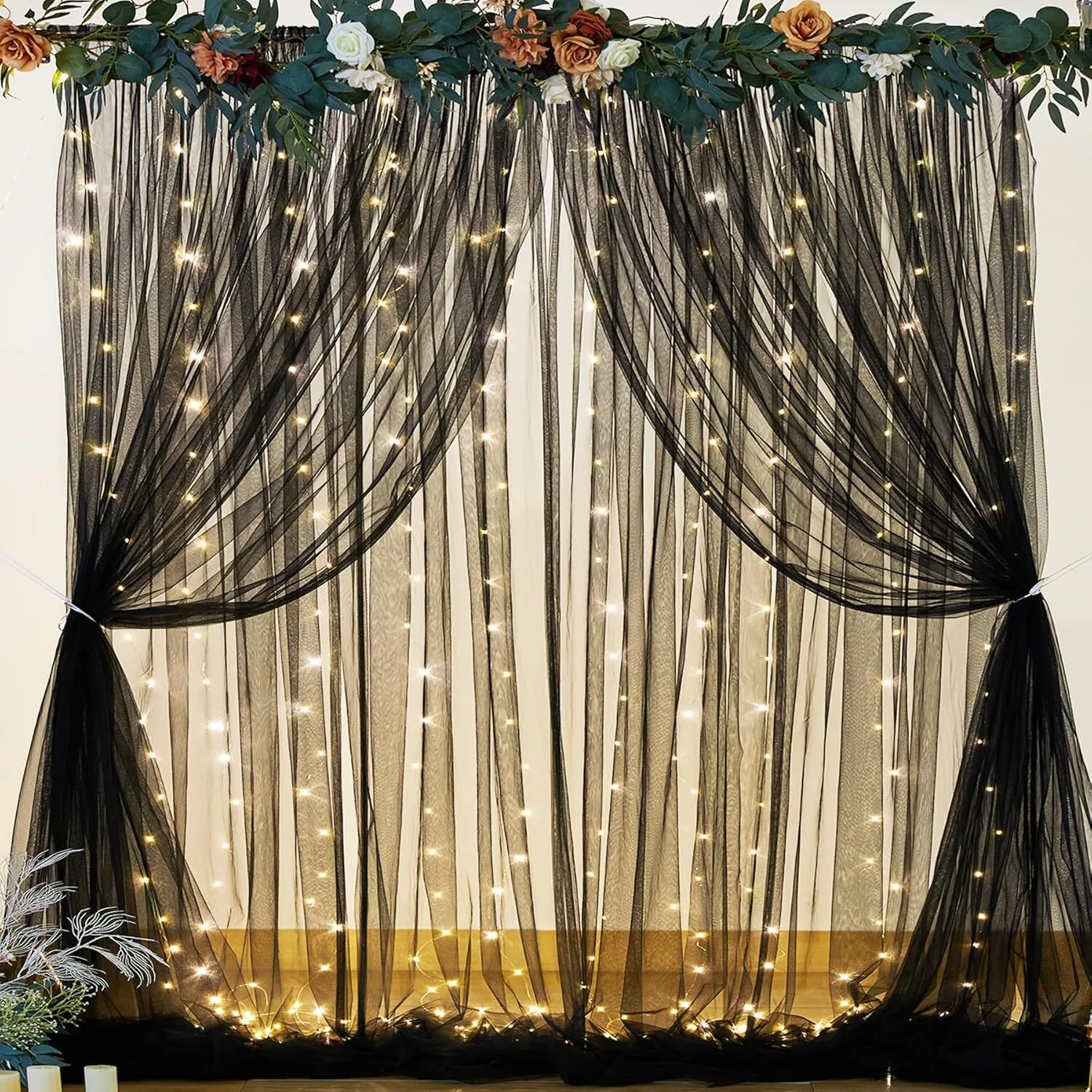 10' x 10' Black Sheer Backdrop Curtain Set with String Lights