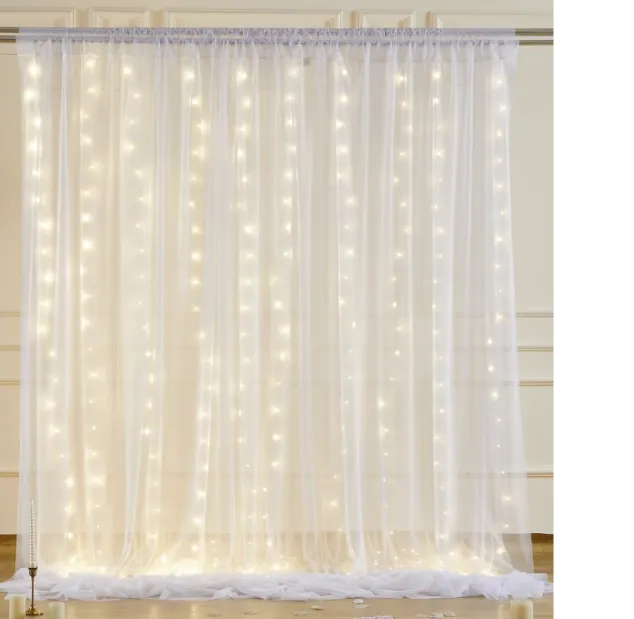 10 x 8 ft Ivory Tulle Backdrop Curtain with String Lights