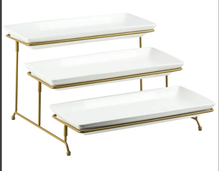 14" 3-Tier White Porcelain Platter Serving Set with Gold Stand