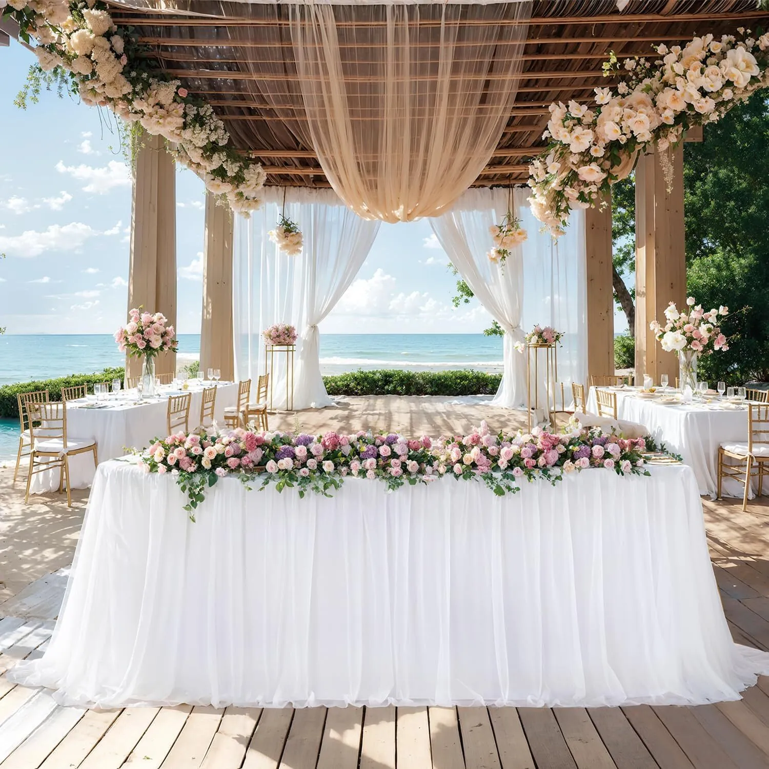 8 FT White Ruffle Tulle Table Skirt