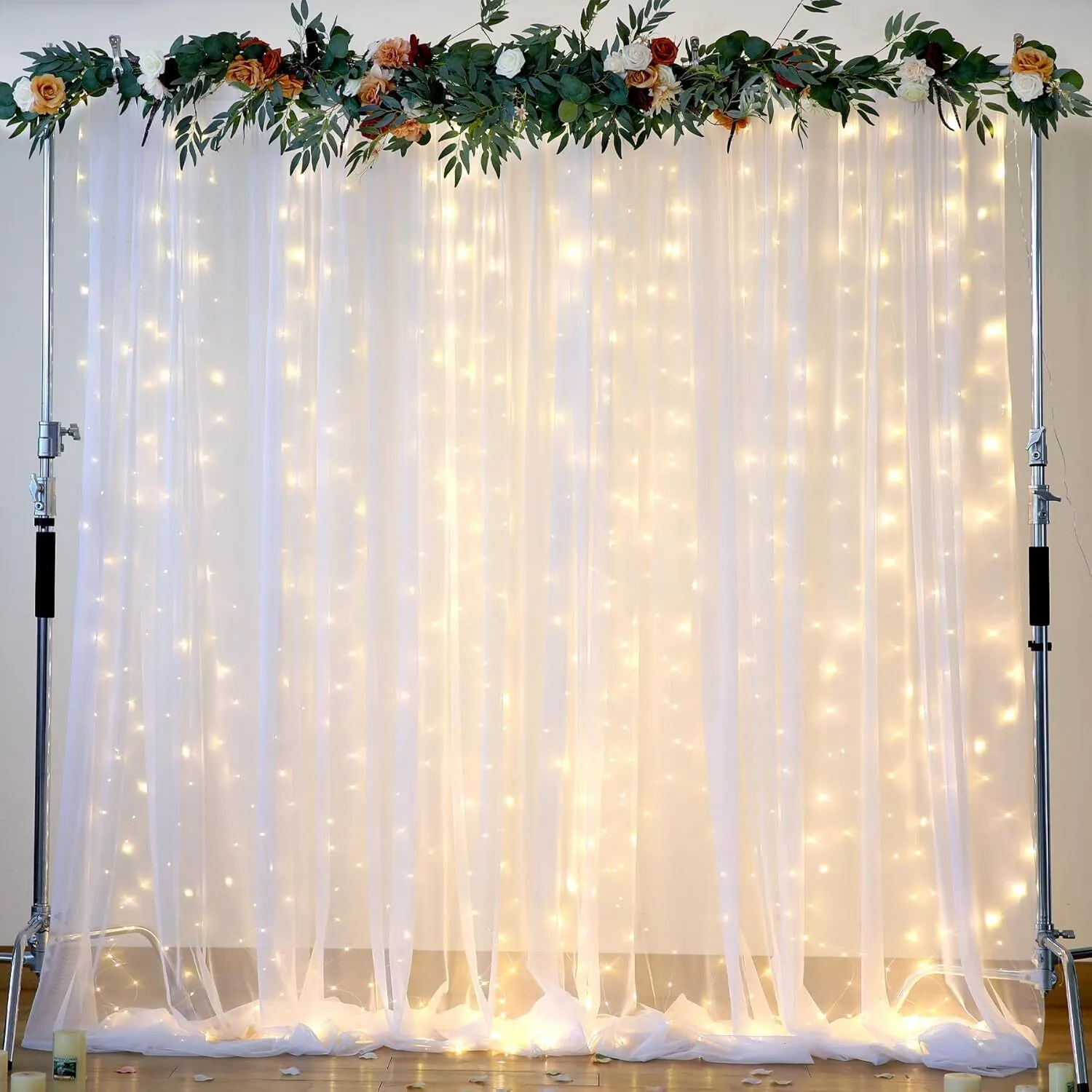 10' x 10' White Sheer Backdrop Curtain Set with String Lights