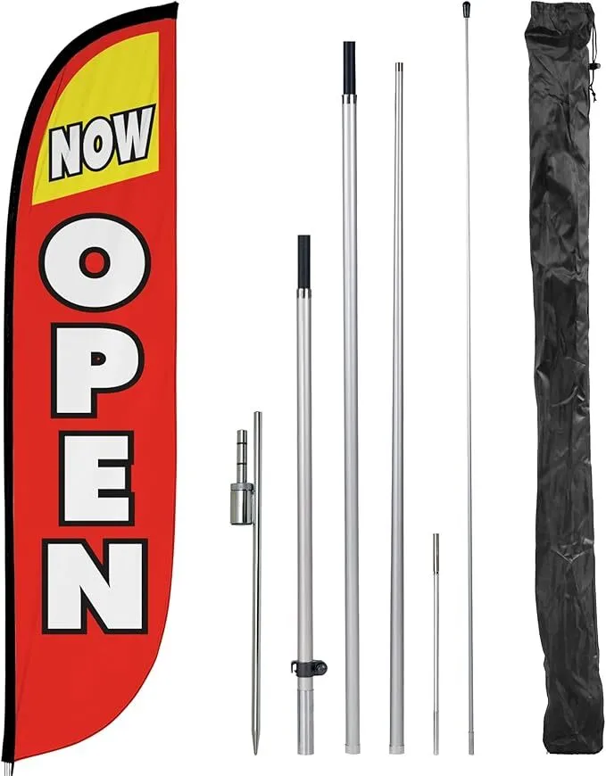 12' Red & Yellow "Now Open" Advertising Flag with Pole