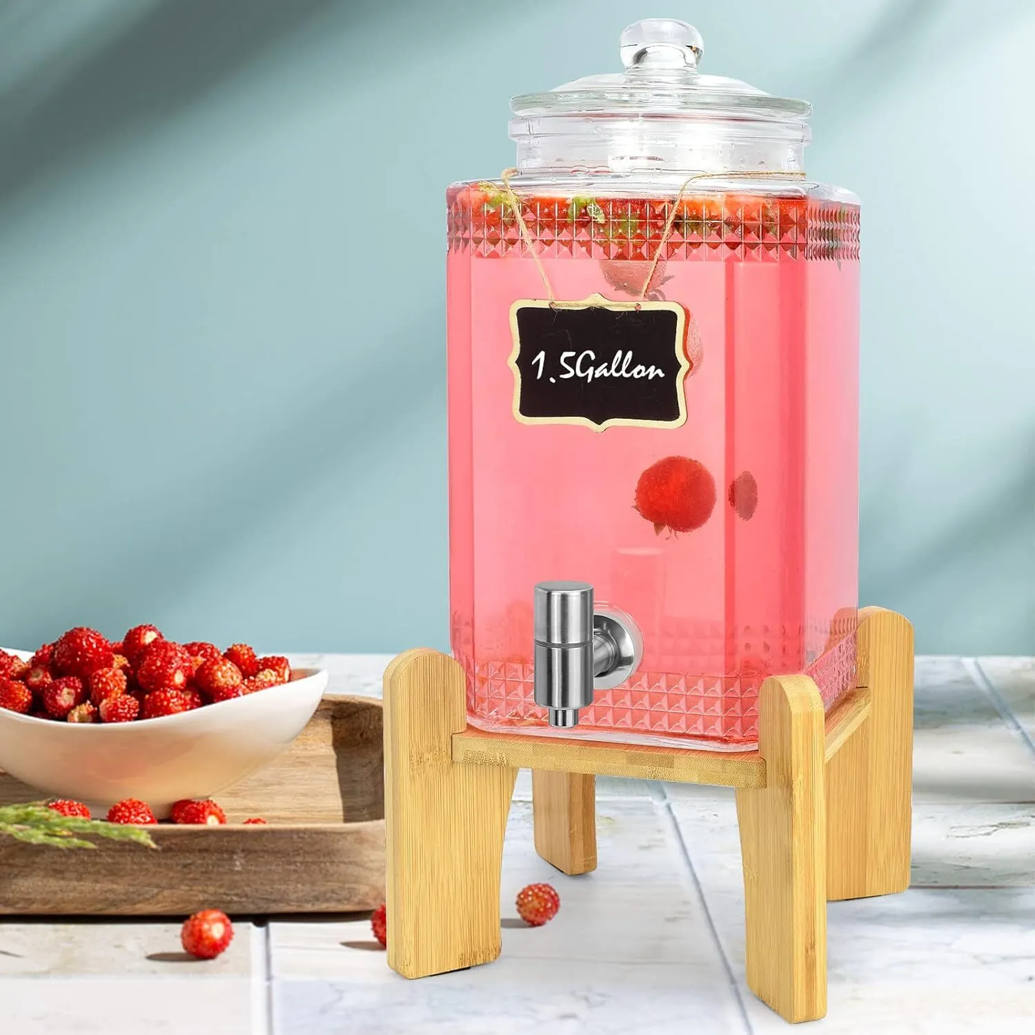 1.5 Gallon Glass Beverage Dispenser with Wooden Stand