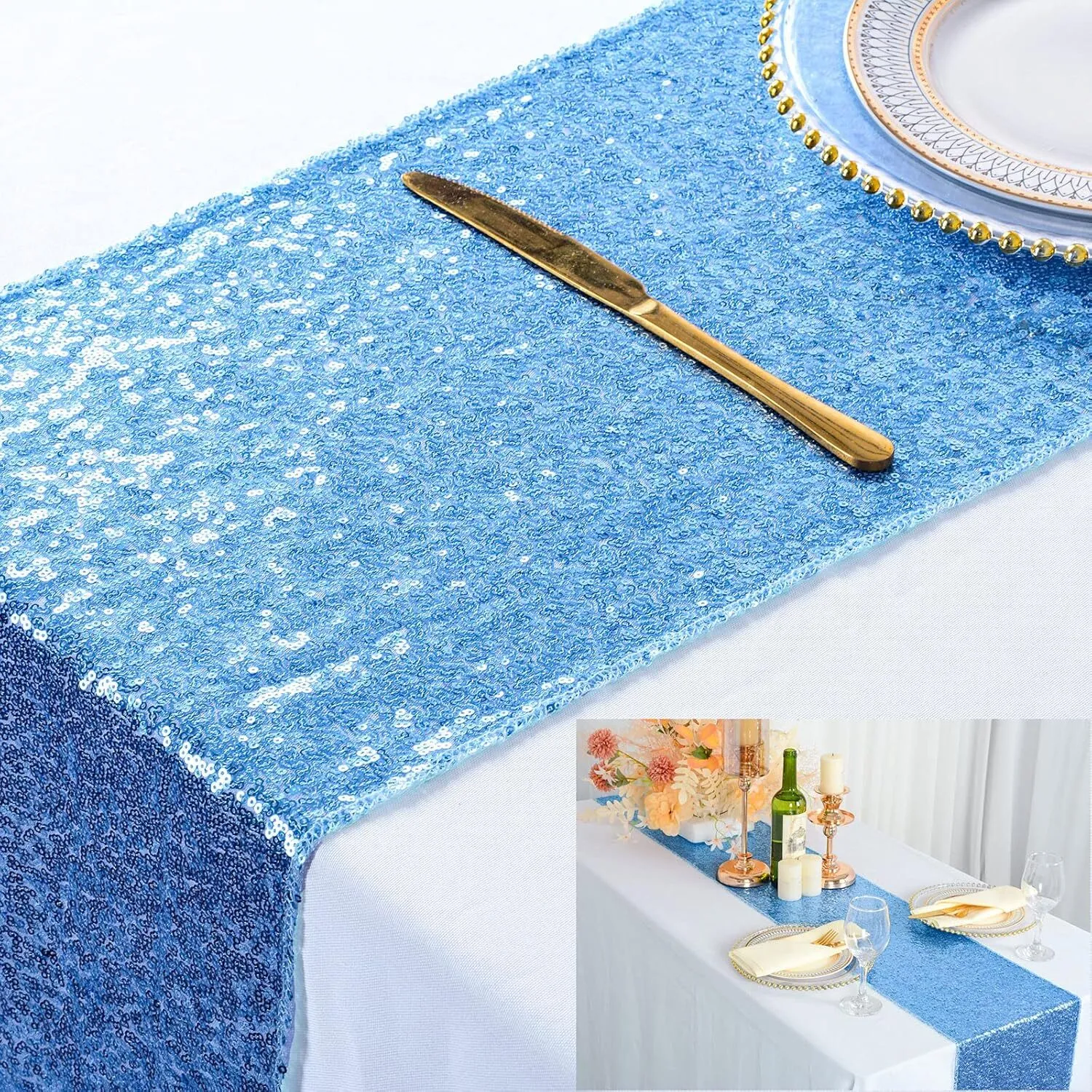 12'' x 108'' Baby Blue Sequin Table Runner