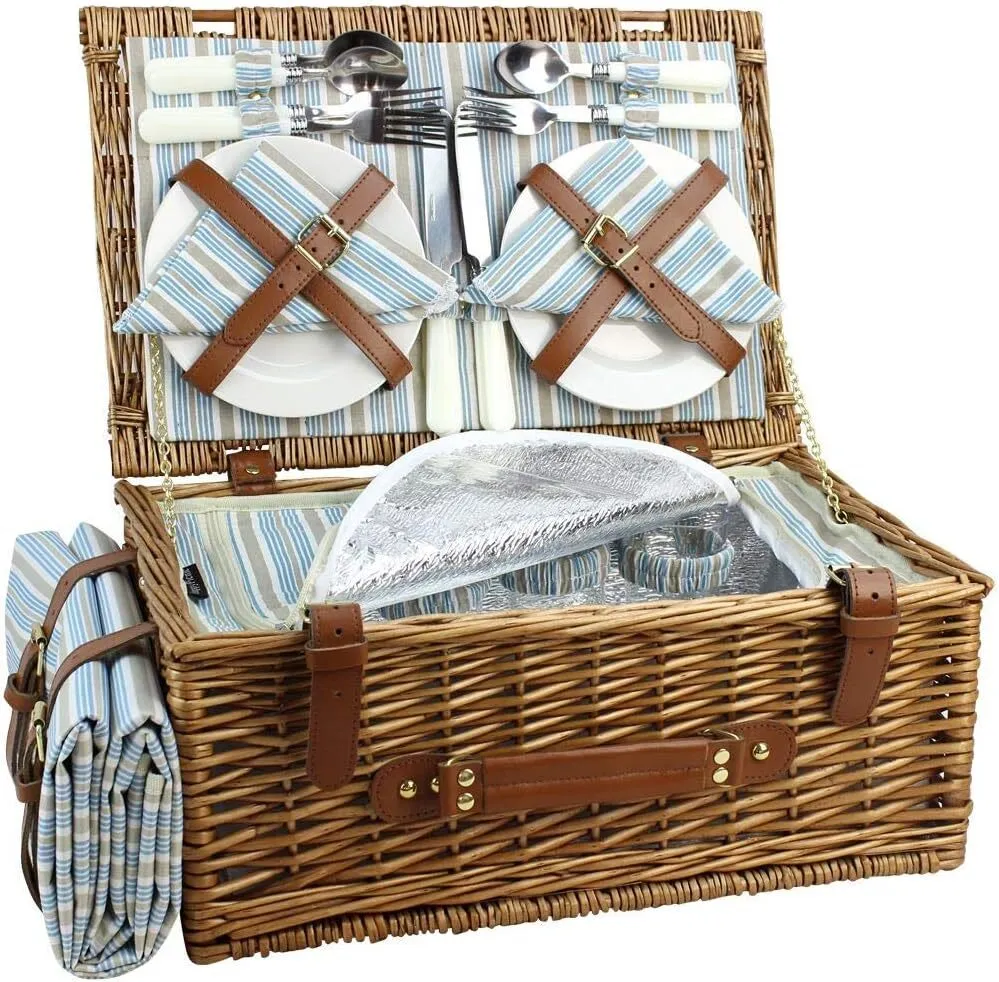Blue & Brown Wicker Picnic Basket Set for 4