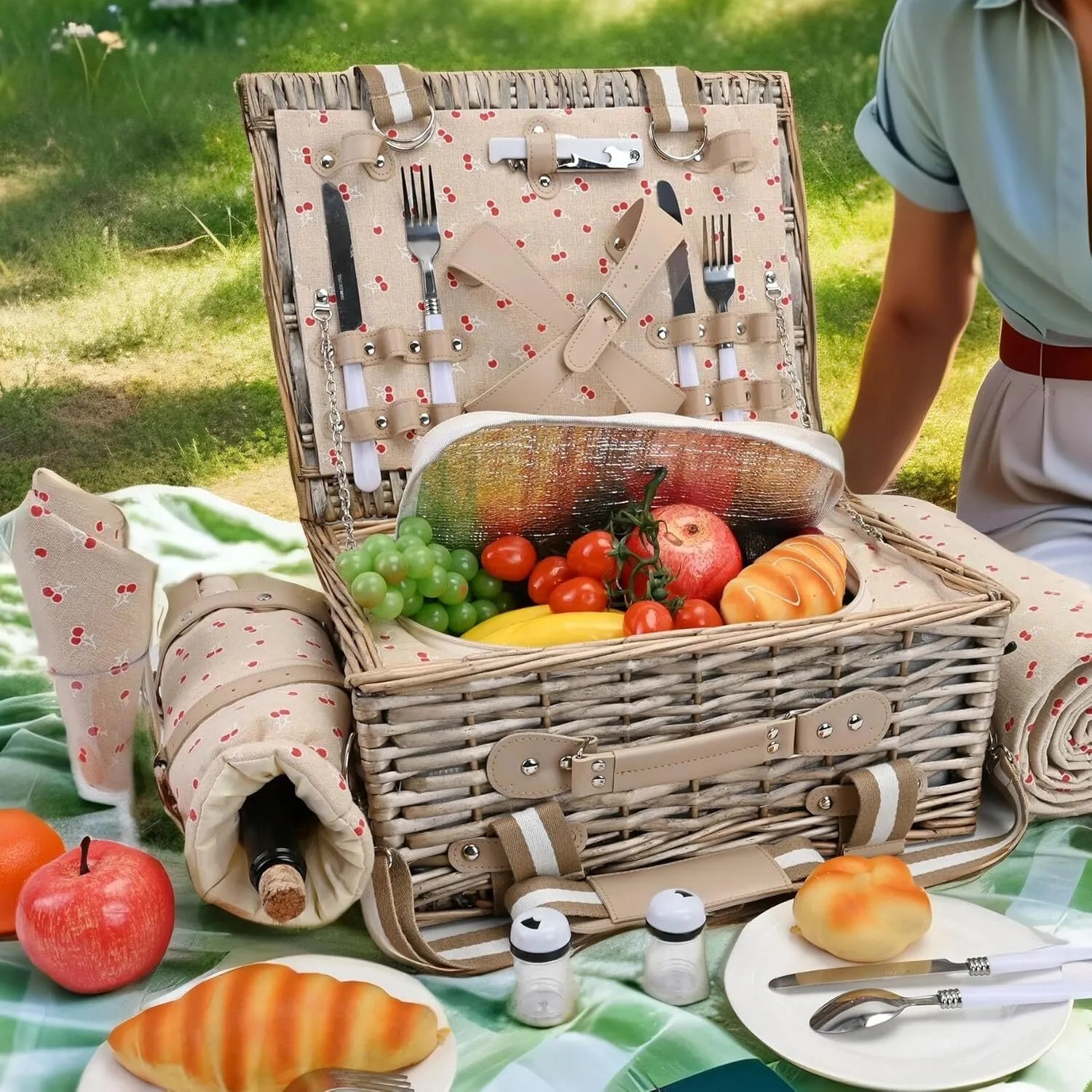 Cherry Red Picnic Basket Set for 2