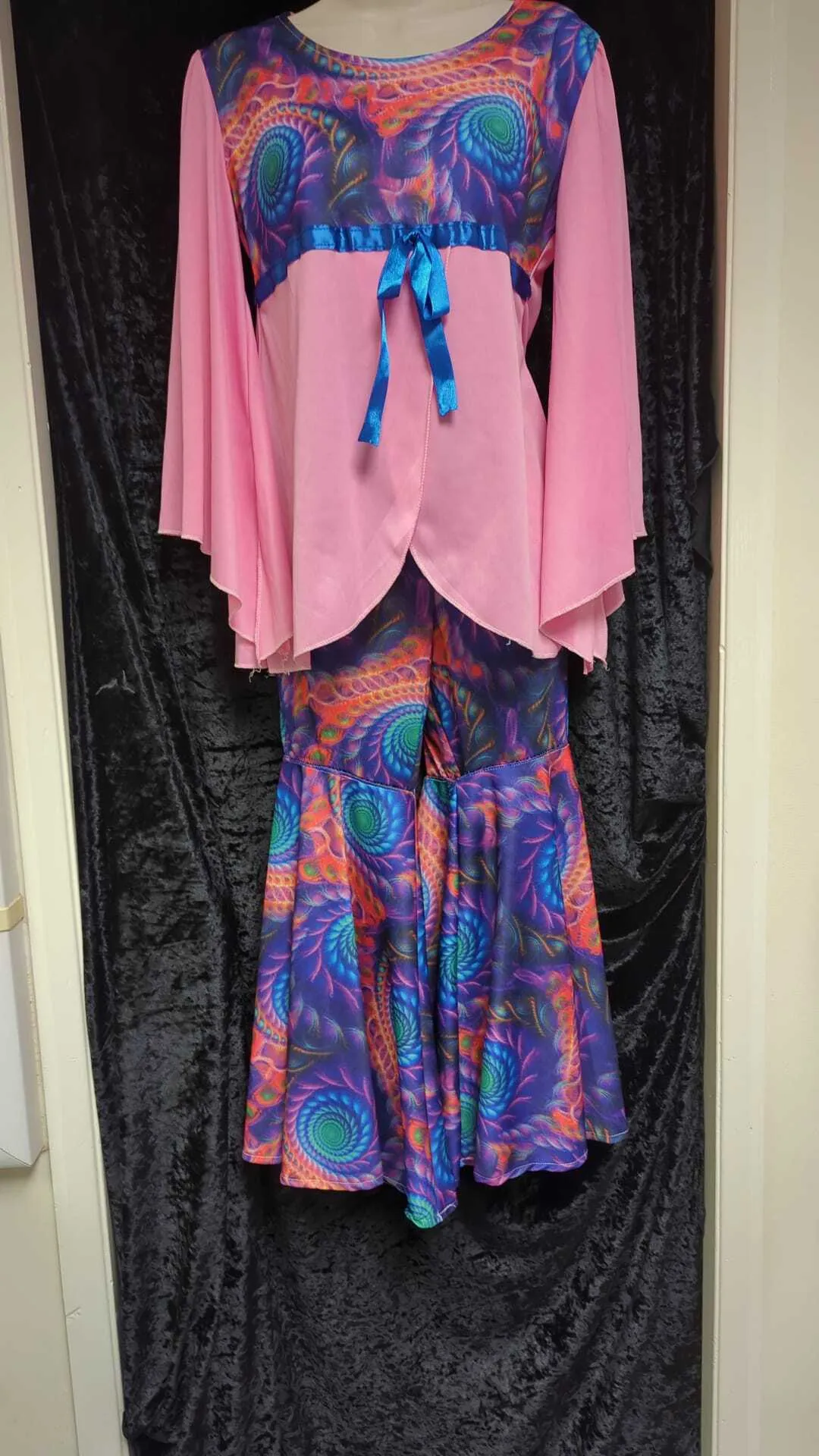 60s Style Pink & Blue Flared Trouser Suit