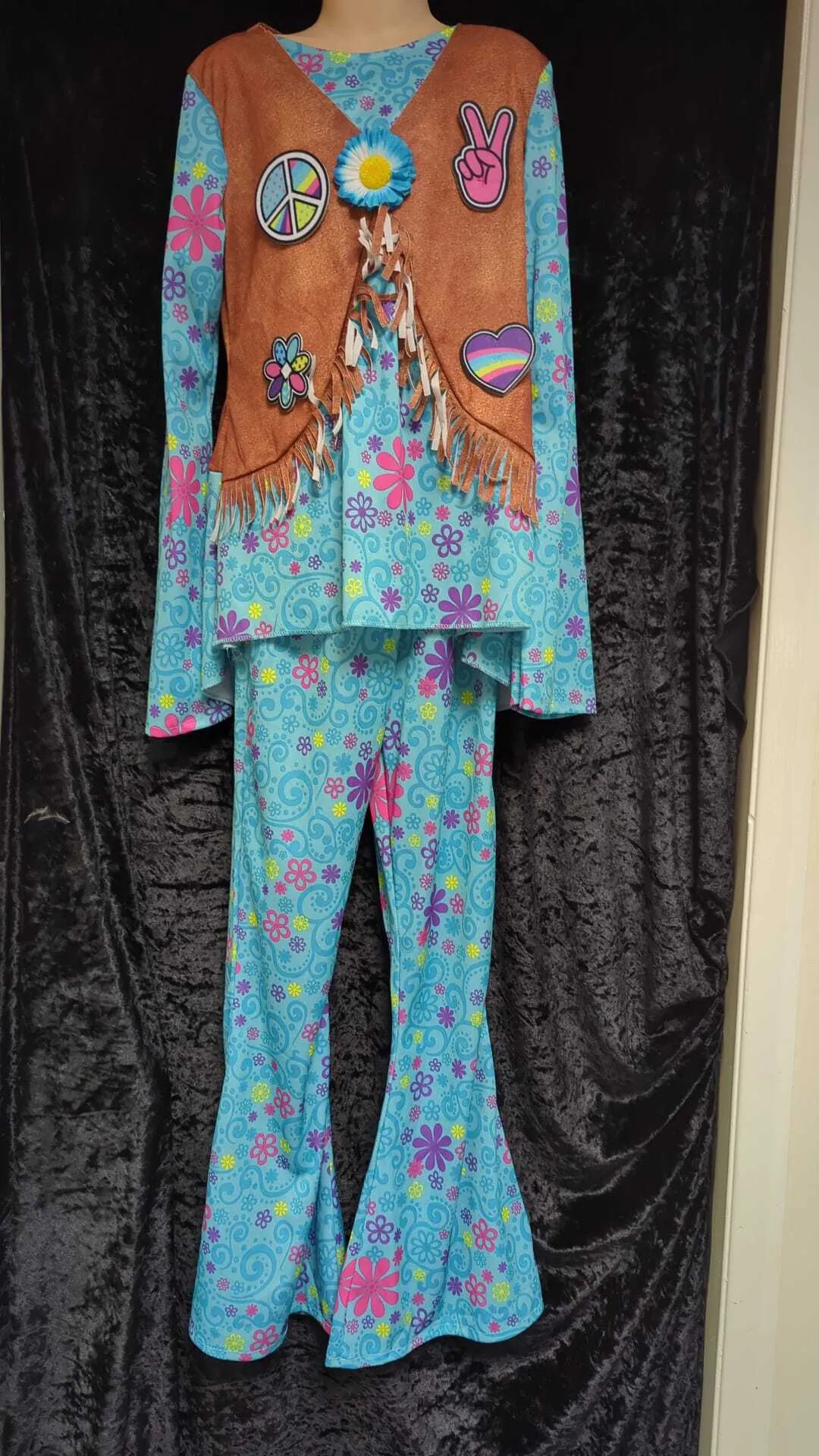 60s Style Blue Flower Long Sleeve Top, Flared Trousers & Waistcoat