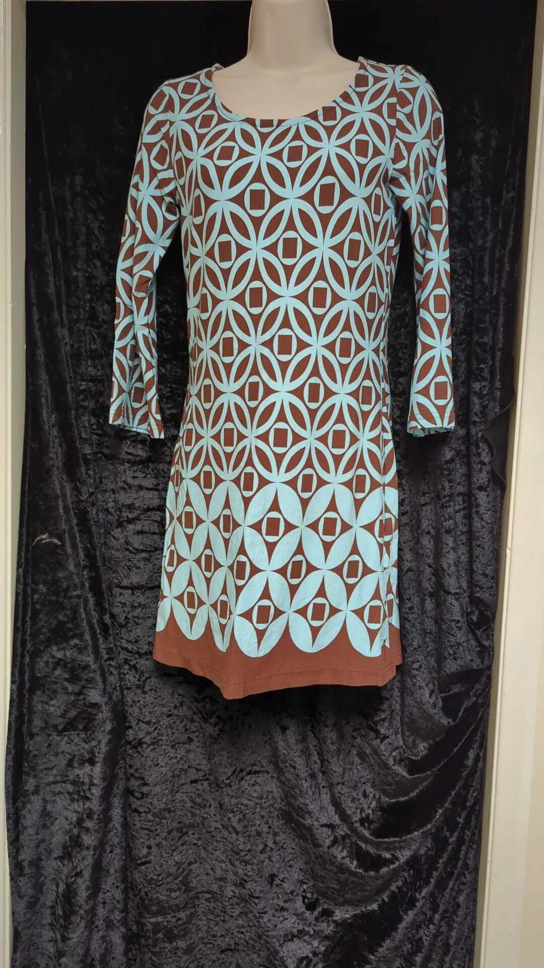 60s Light Blue & Brown Pattern Long Sleeve Dress