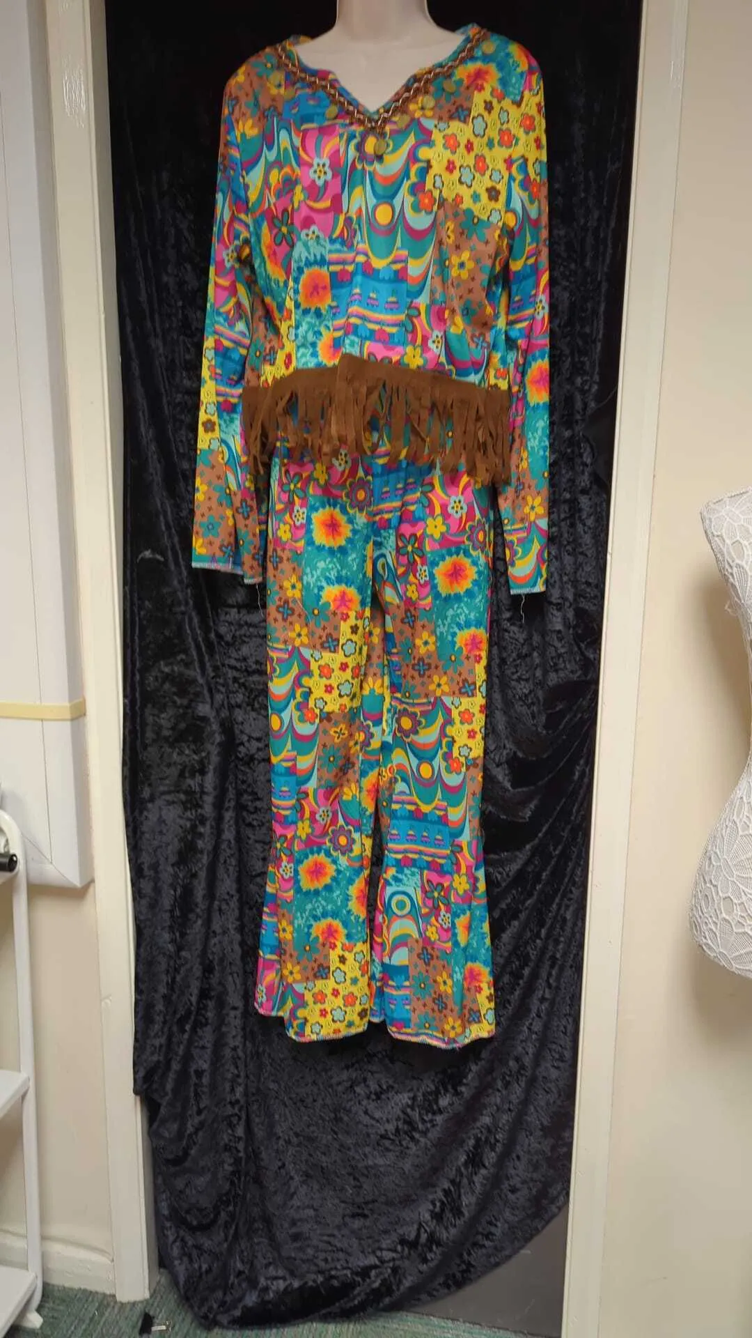 Psychedelic Long Sleeve Top with Fringe & Flared Trousers - 60s Style 