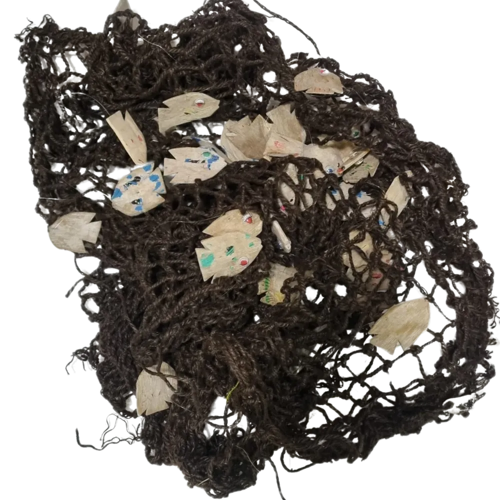 S574 Fishing net with Rustic Wooden Fish