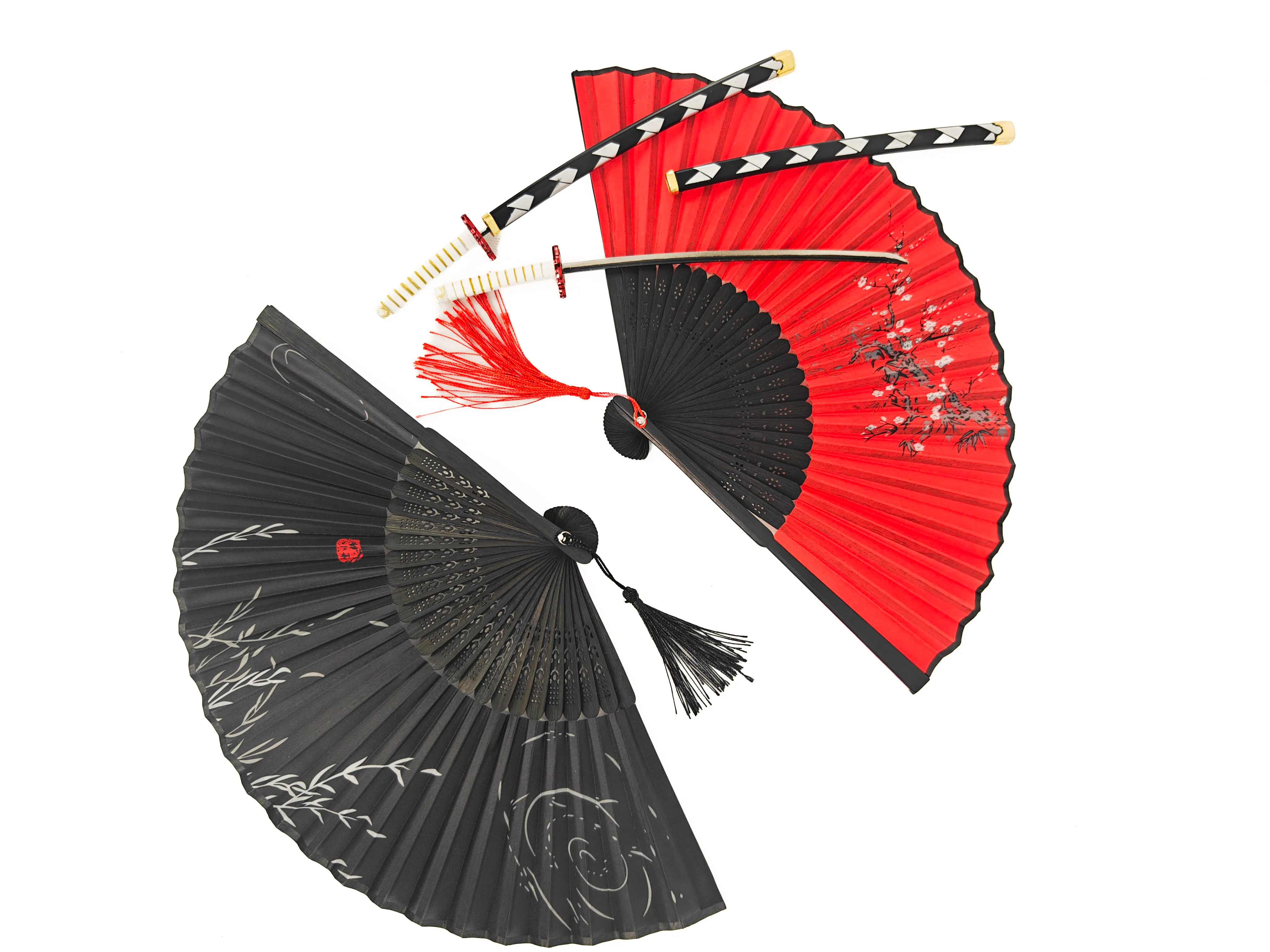 Elegant Japanese Fan Set (Red & Black)
