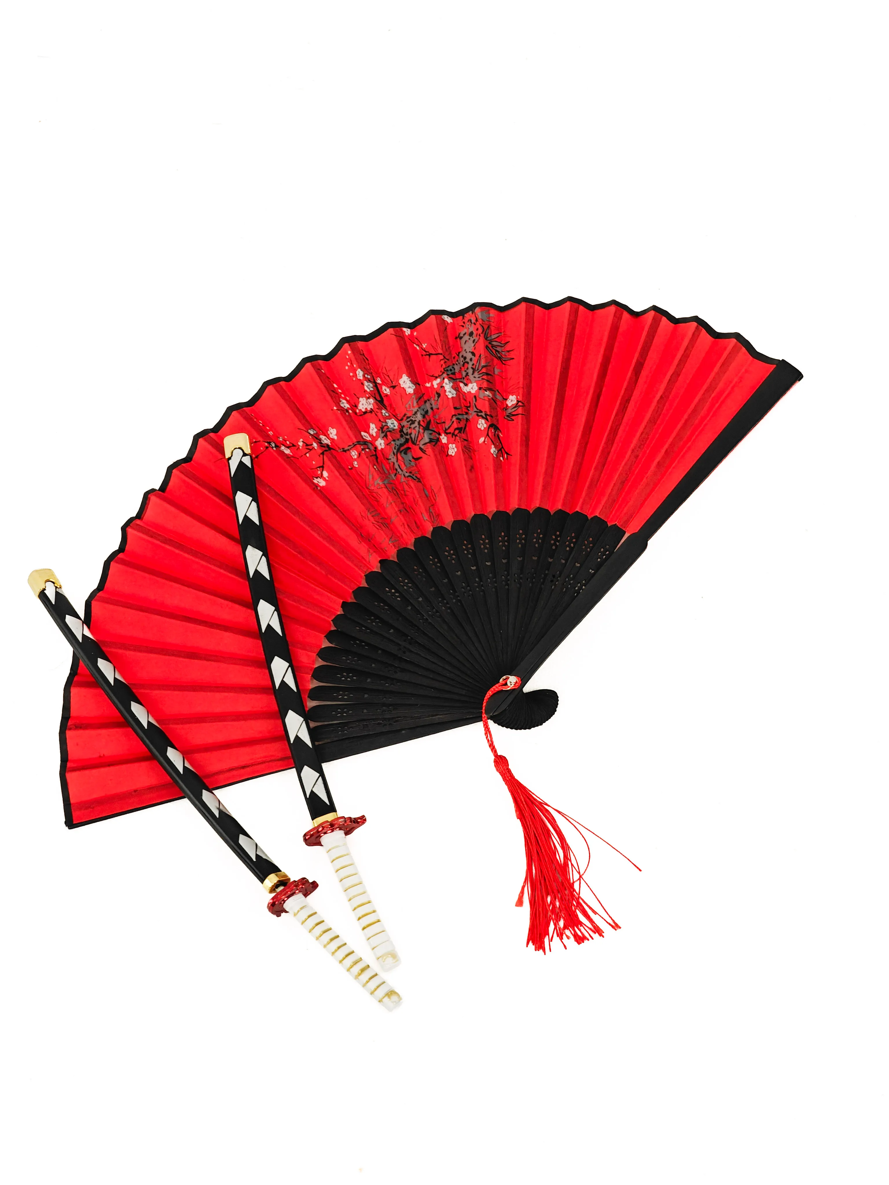 Japanese Red Folding Fan with Decorative Katana Hair Sticks (Set of 3)