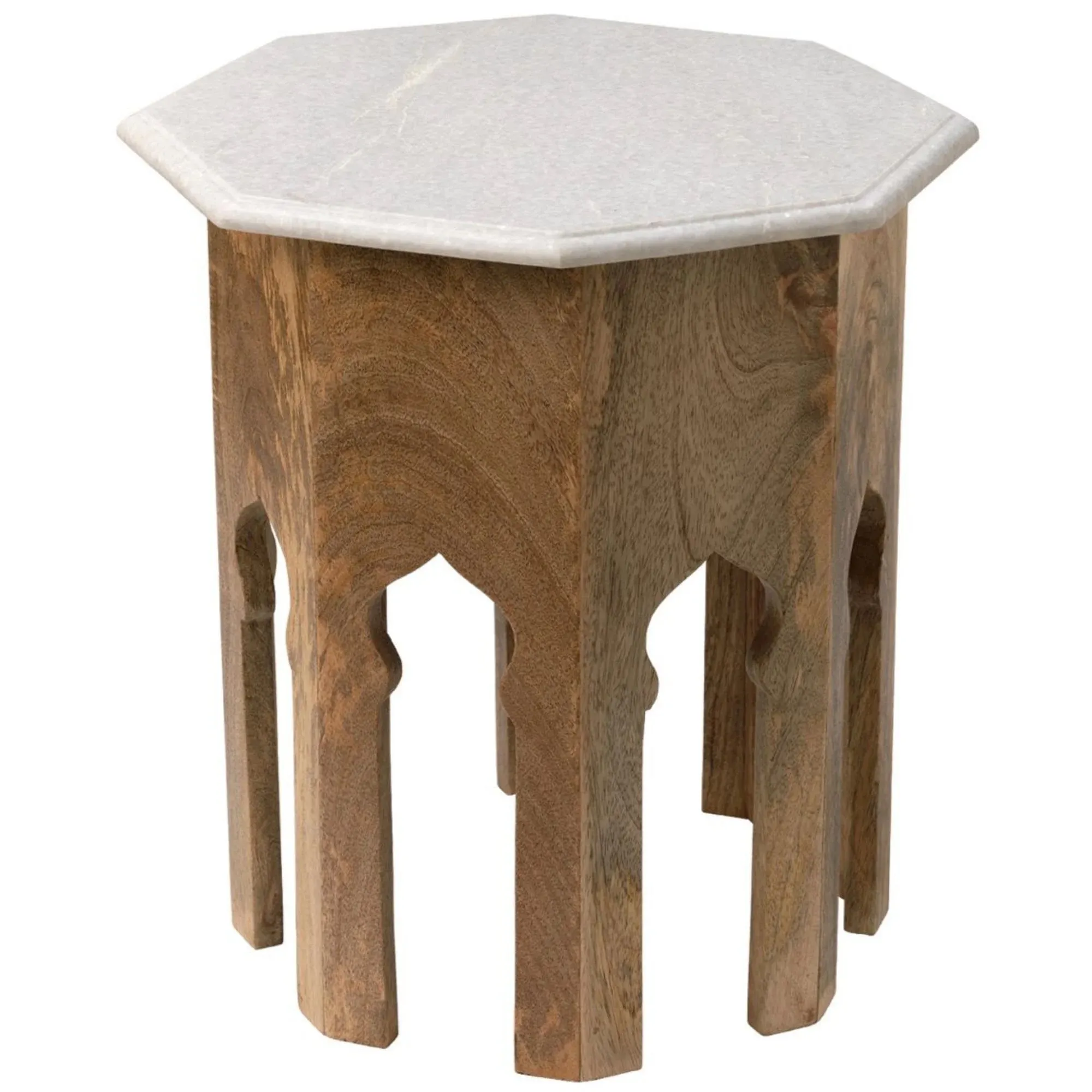 Hexagonal wood & marble side table