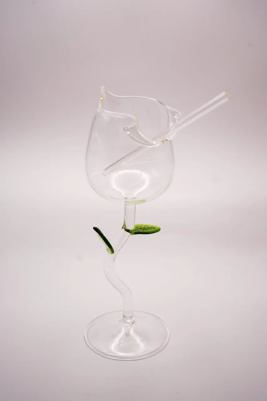 Rose Wine Glass with Glass Straw