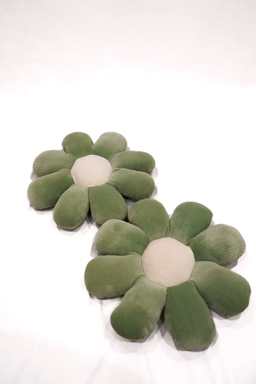Small Olive Green Flower Pillow with White Center 14"