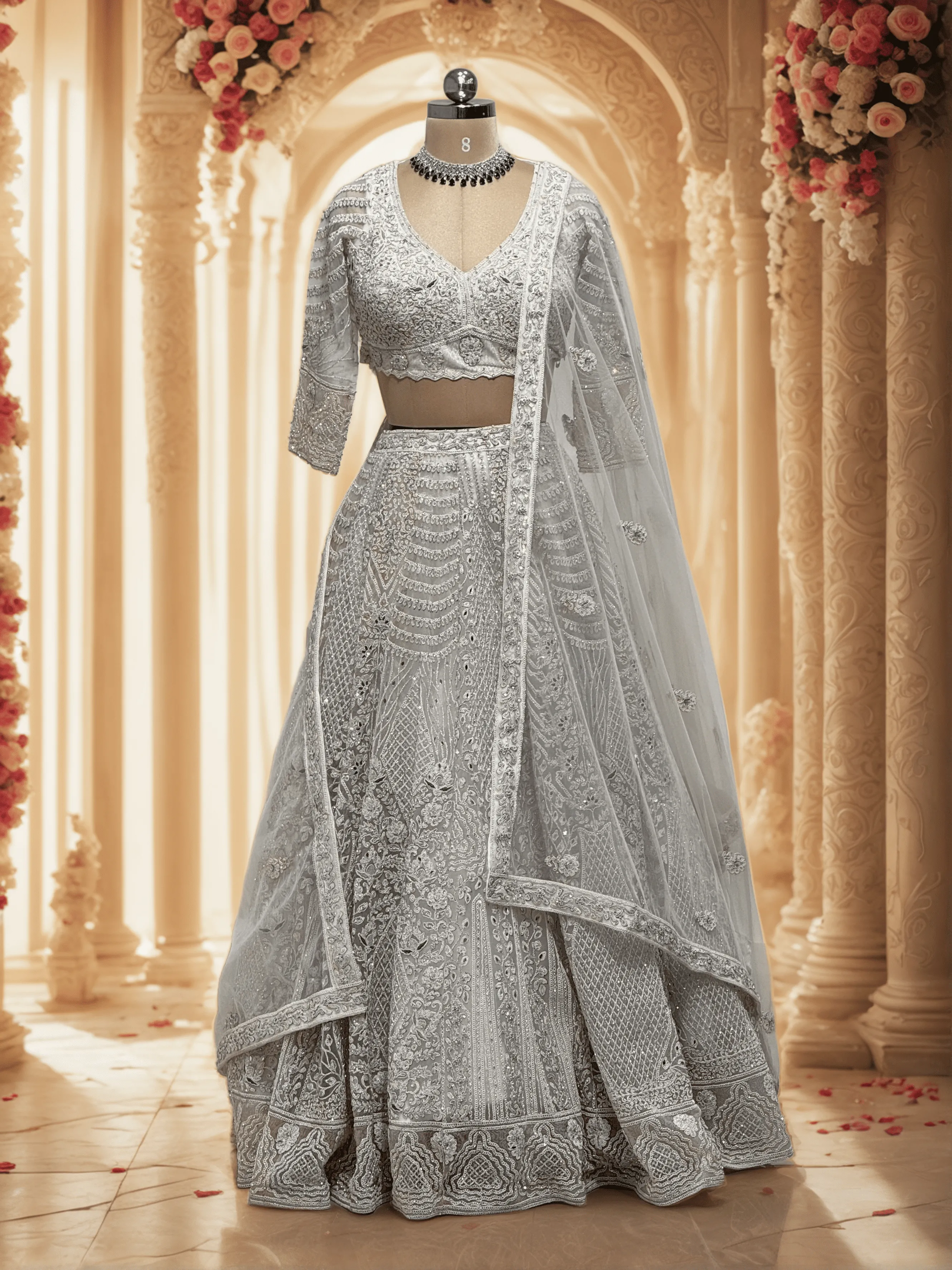 Pearl White Embroidery Bridal Lehenga - L0074