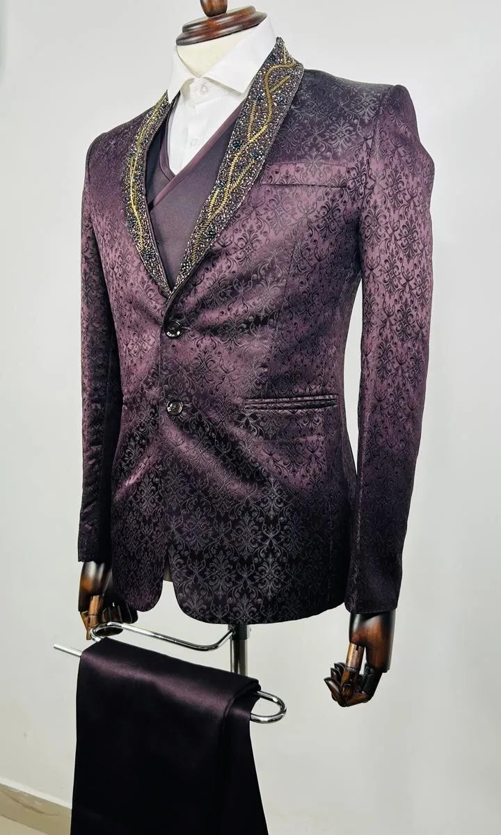 Wine Tuxedo with Gold Embroidery - EMS
