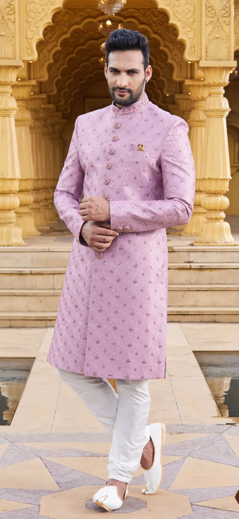 Pink Art Silk Hand Embroidered Sherwani
