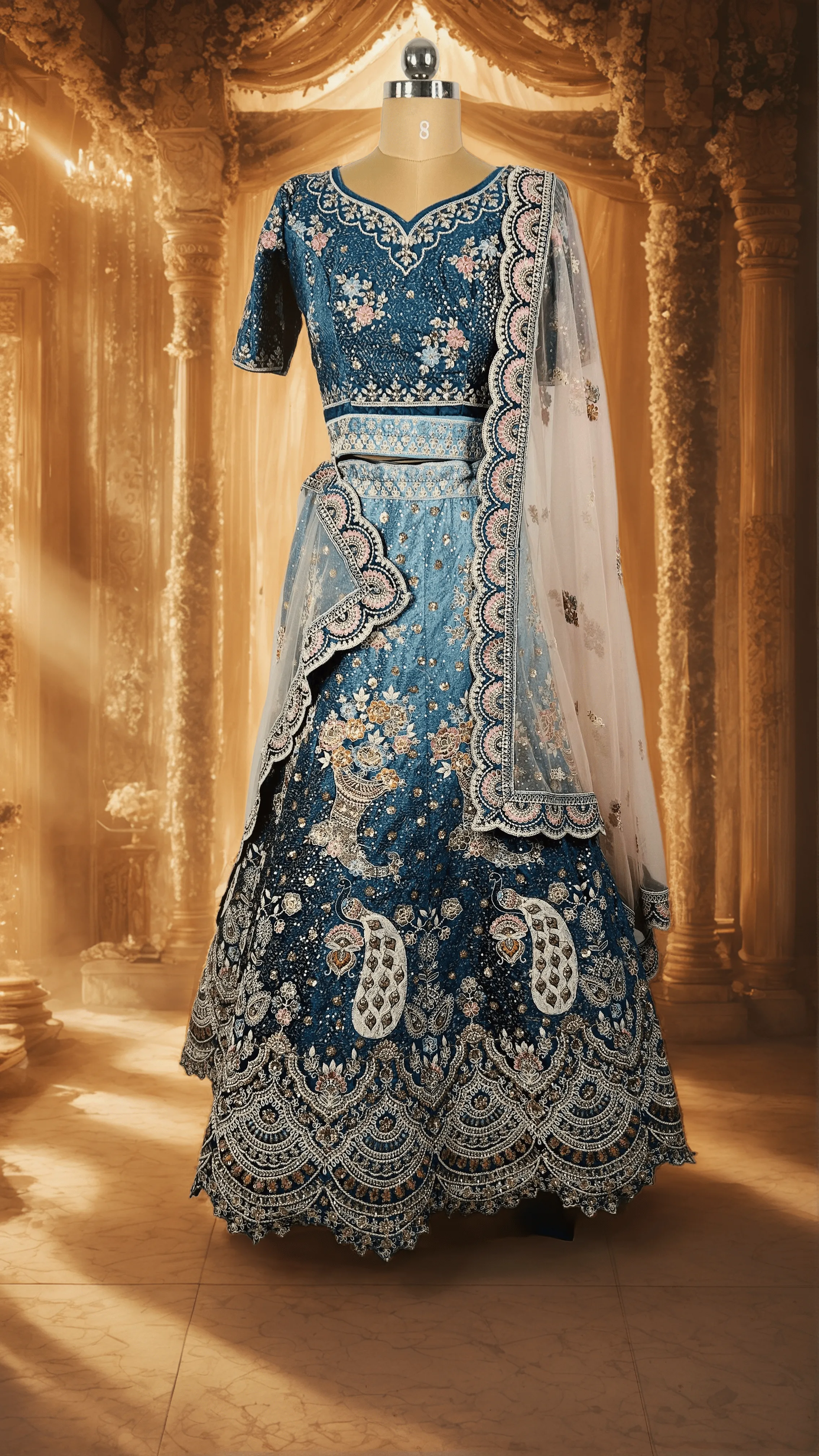 Blue with Peacock Lehenga - L0036