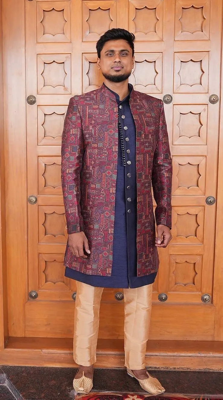  Red And Blue Tribal Printed Sherwani