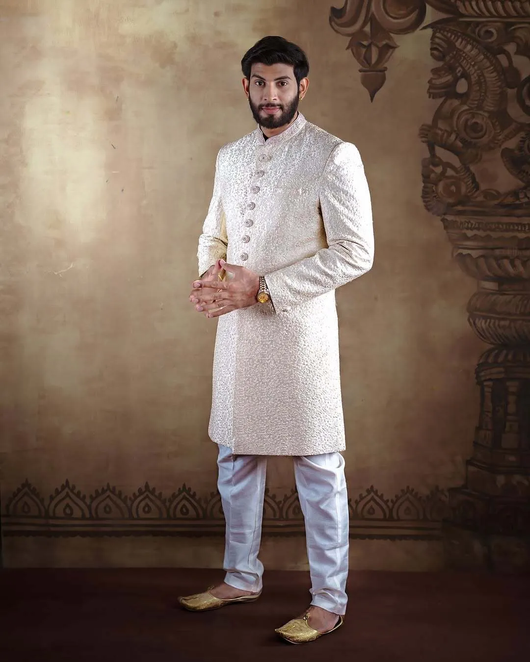 Light Beige Art Silk Embroidered Sherwani
