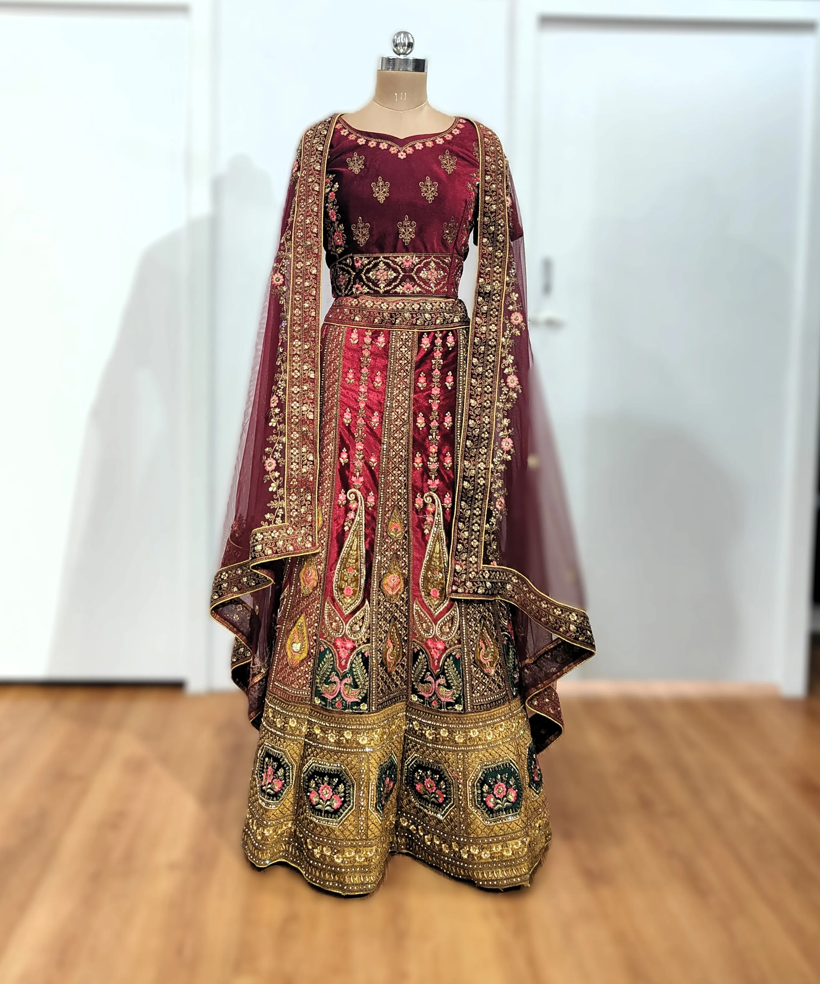 Maroon With Green Double Peacock Bridal Lehenga - L6011