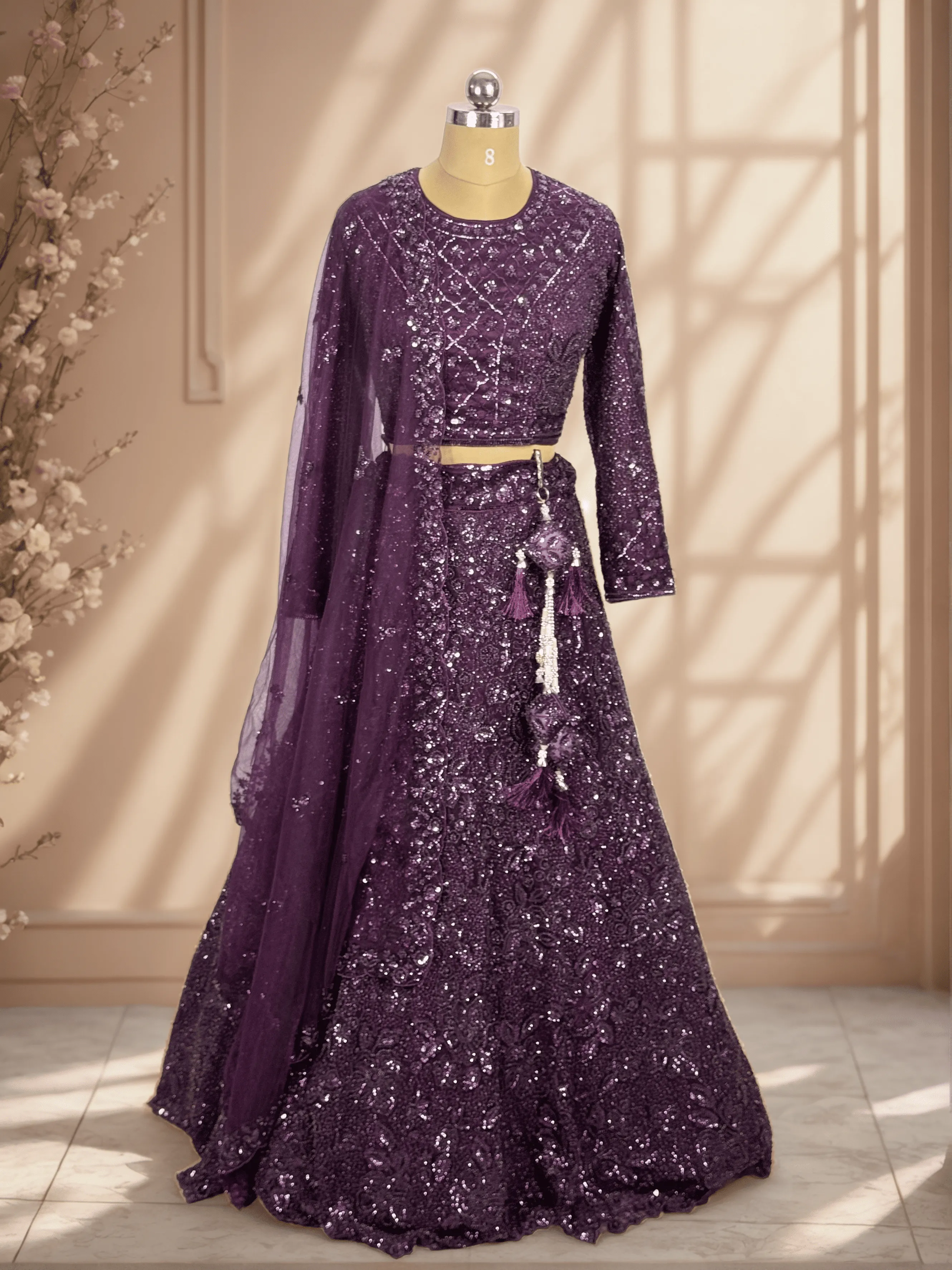 Spangle Wine Bridal Lehenga - GRW