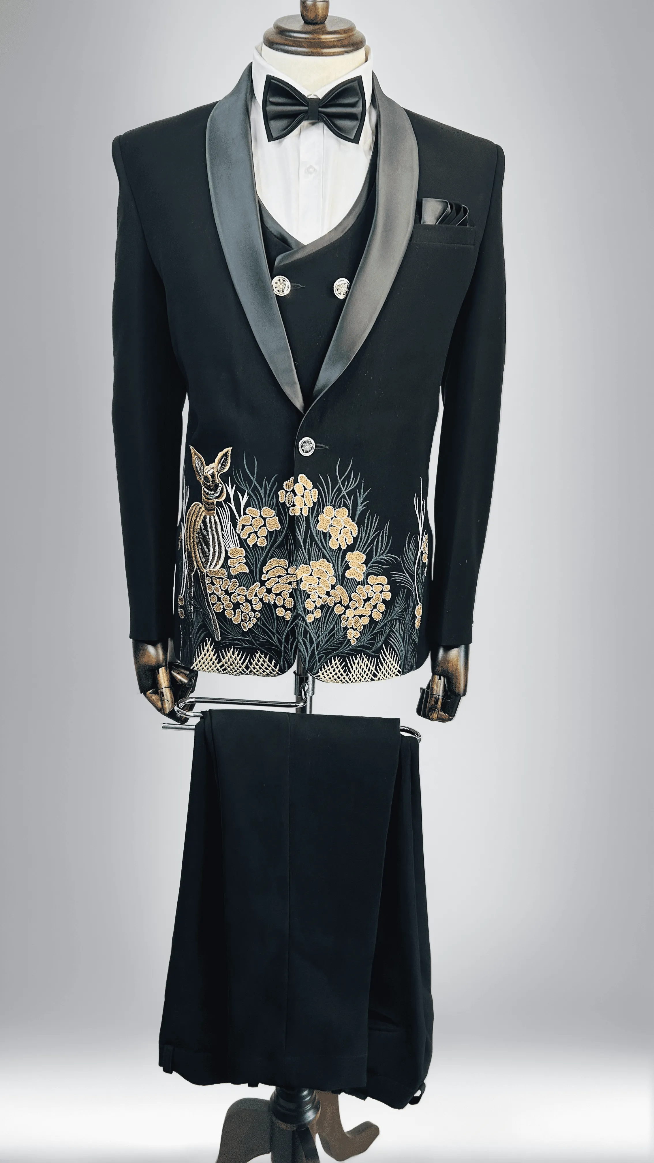 Black Tuxedo with Embroidered Deer in Woods