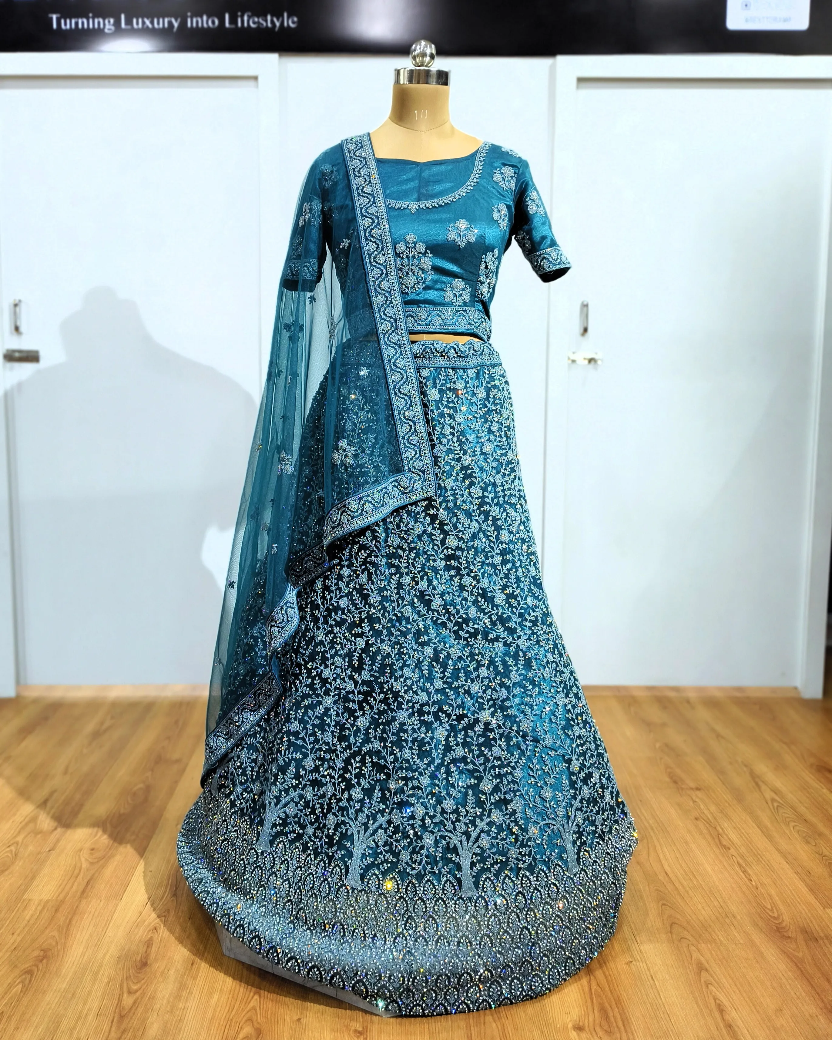 Peacock Blue Diamond Work Bridal Lehenga - L6010