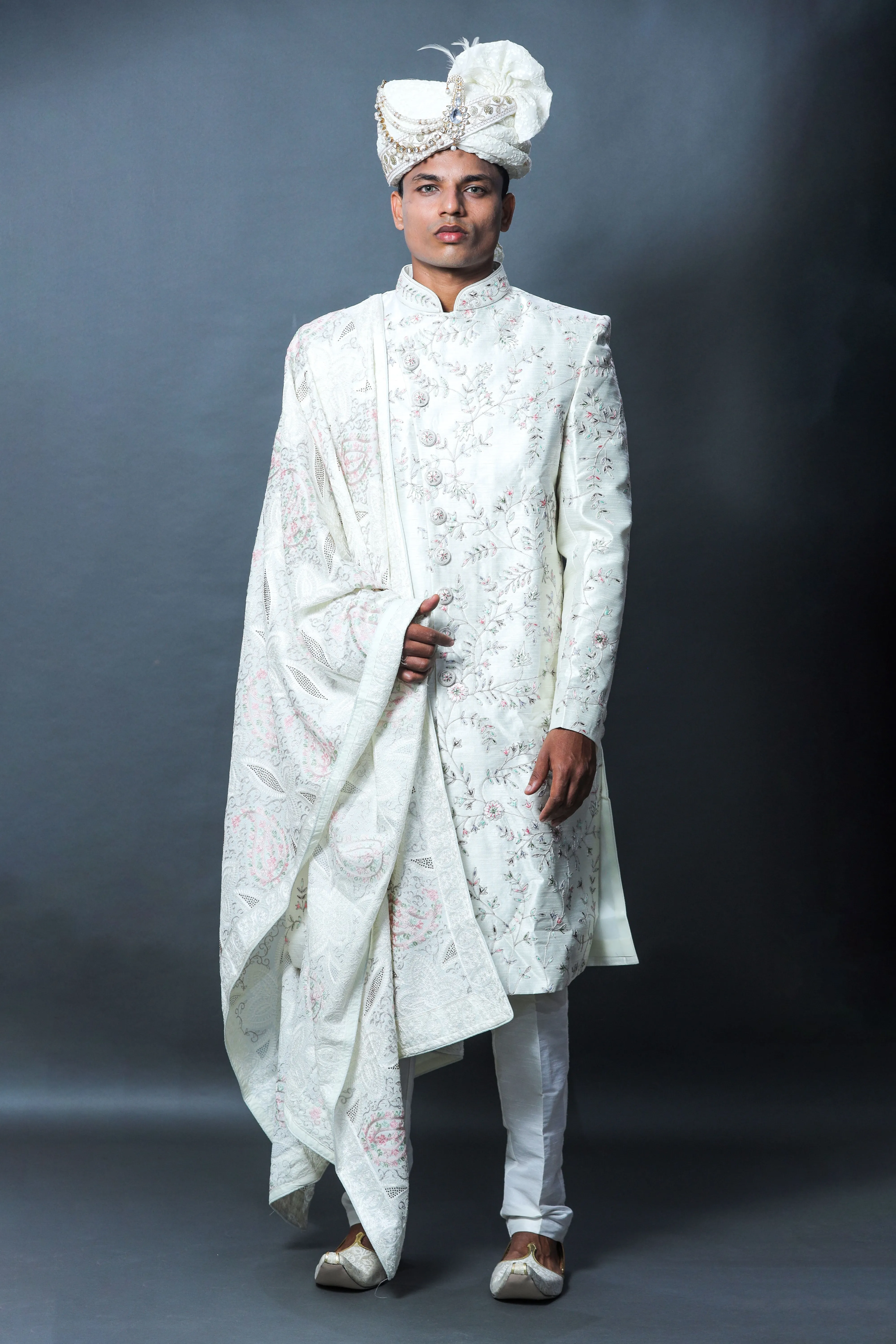 Cream Embroidery Sherwani 