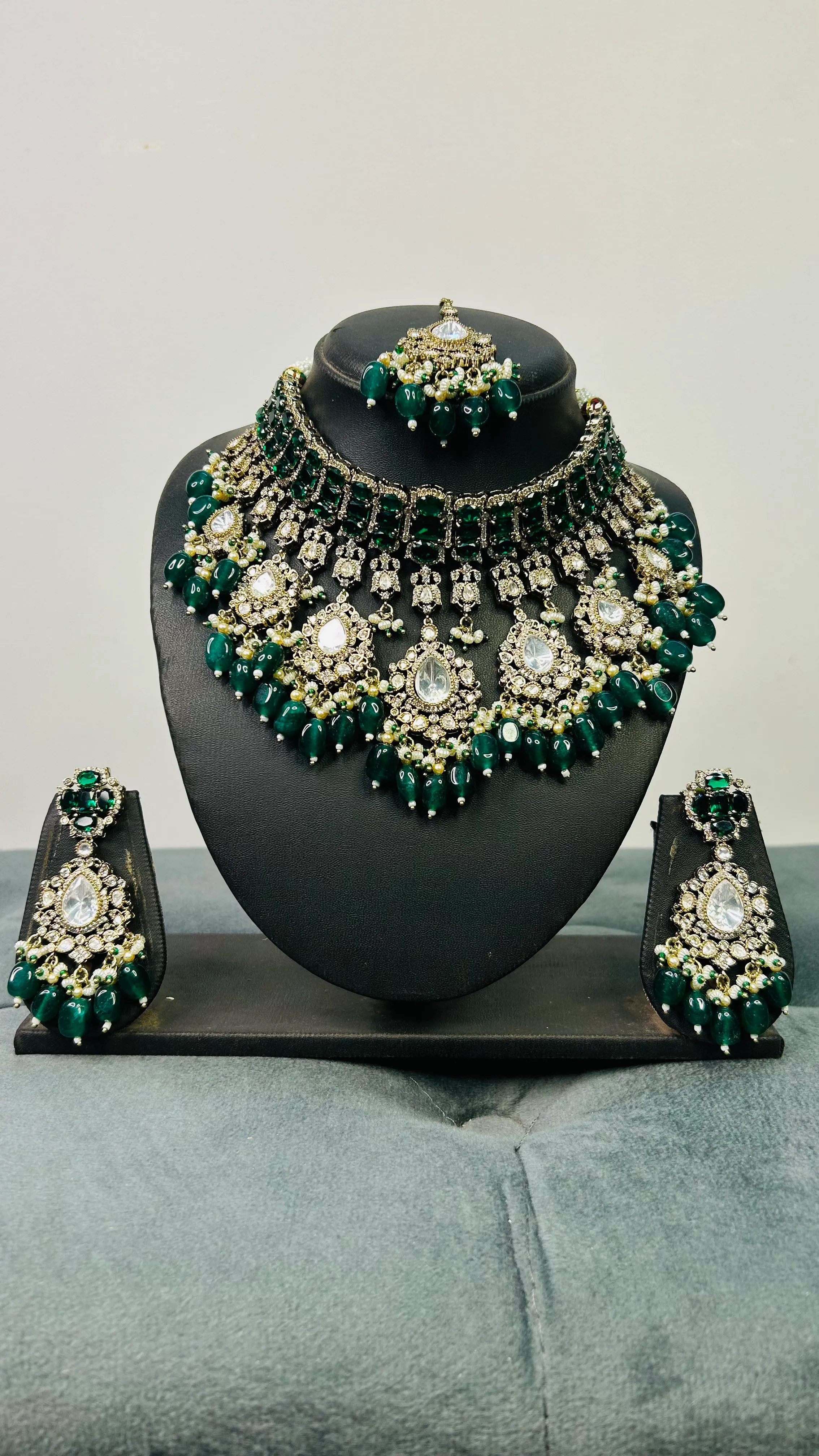 Green Jadau Bridal Necklace Set - K0003
