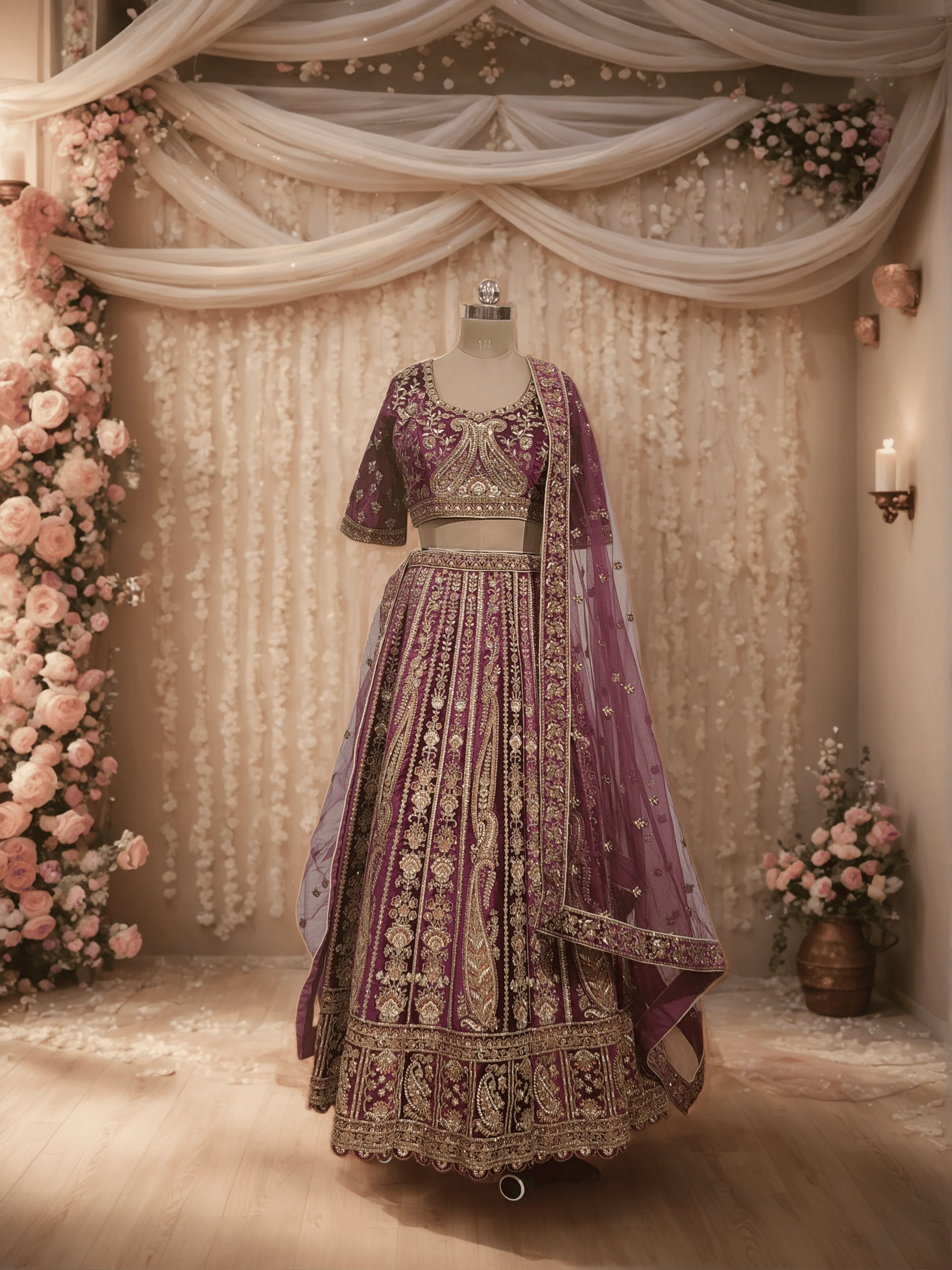 Purple Embroidered Velvet Lehenga - L6055