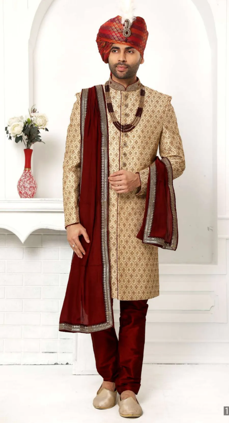 Beige Embroidered Silk Sherwani
