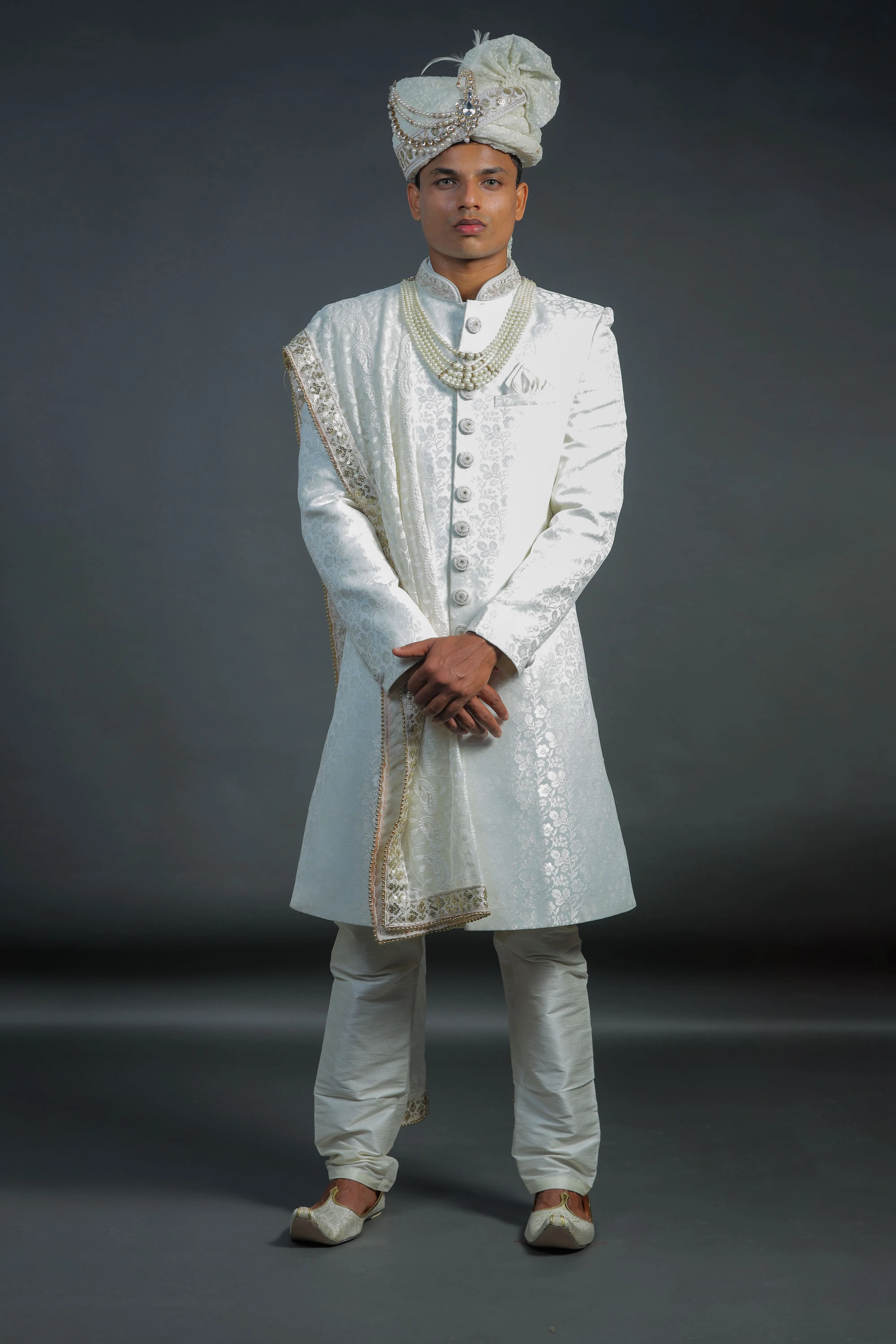 White Jacquard Embroidered Sherwani