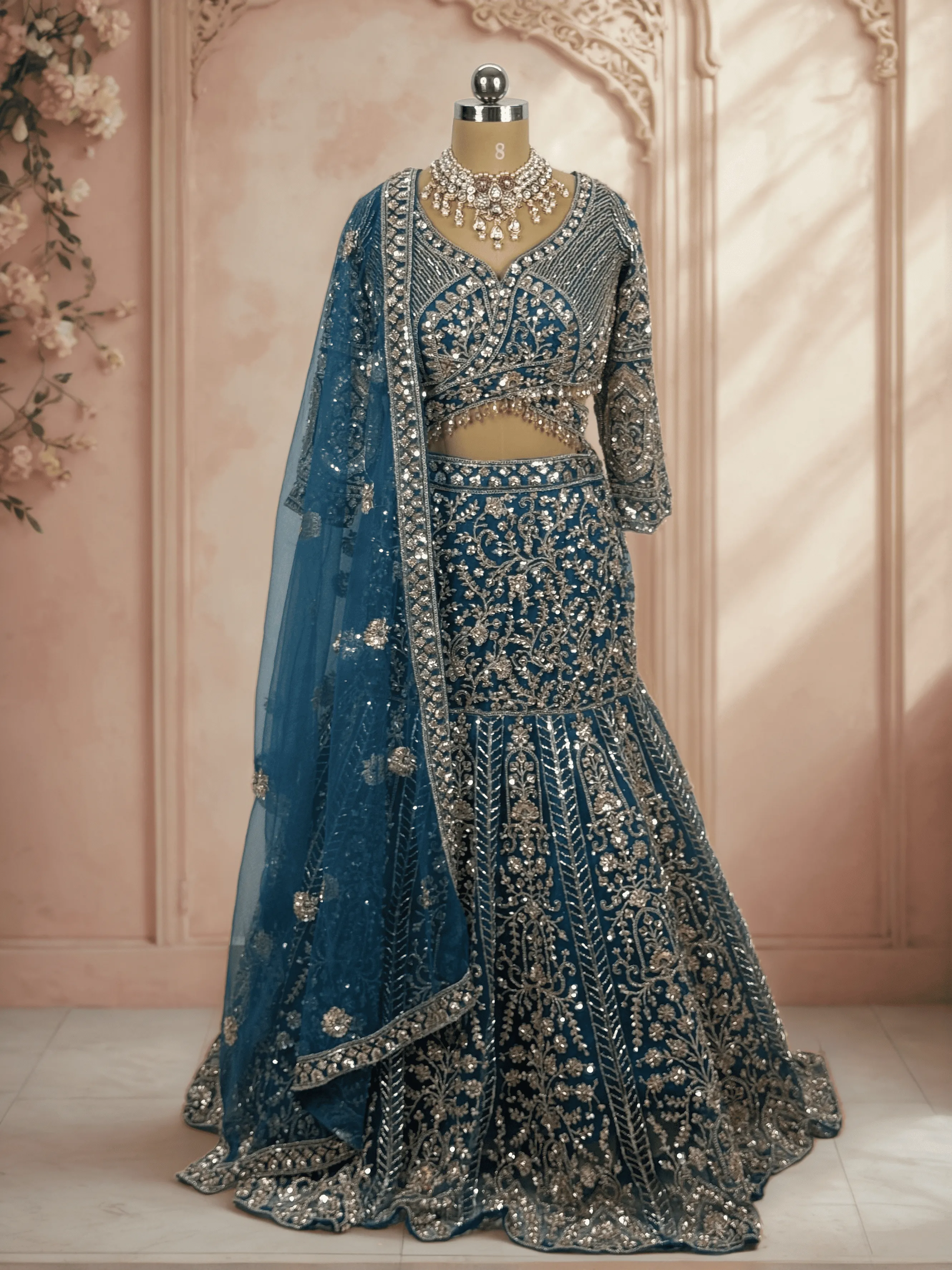 Mint Blue Fishtail Designer Lehenga - GRW , L0084