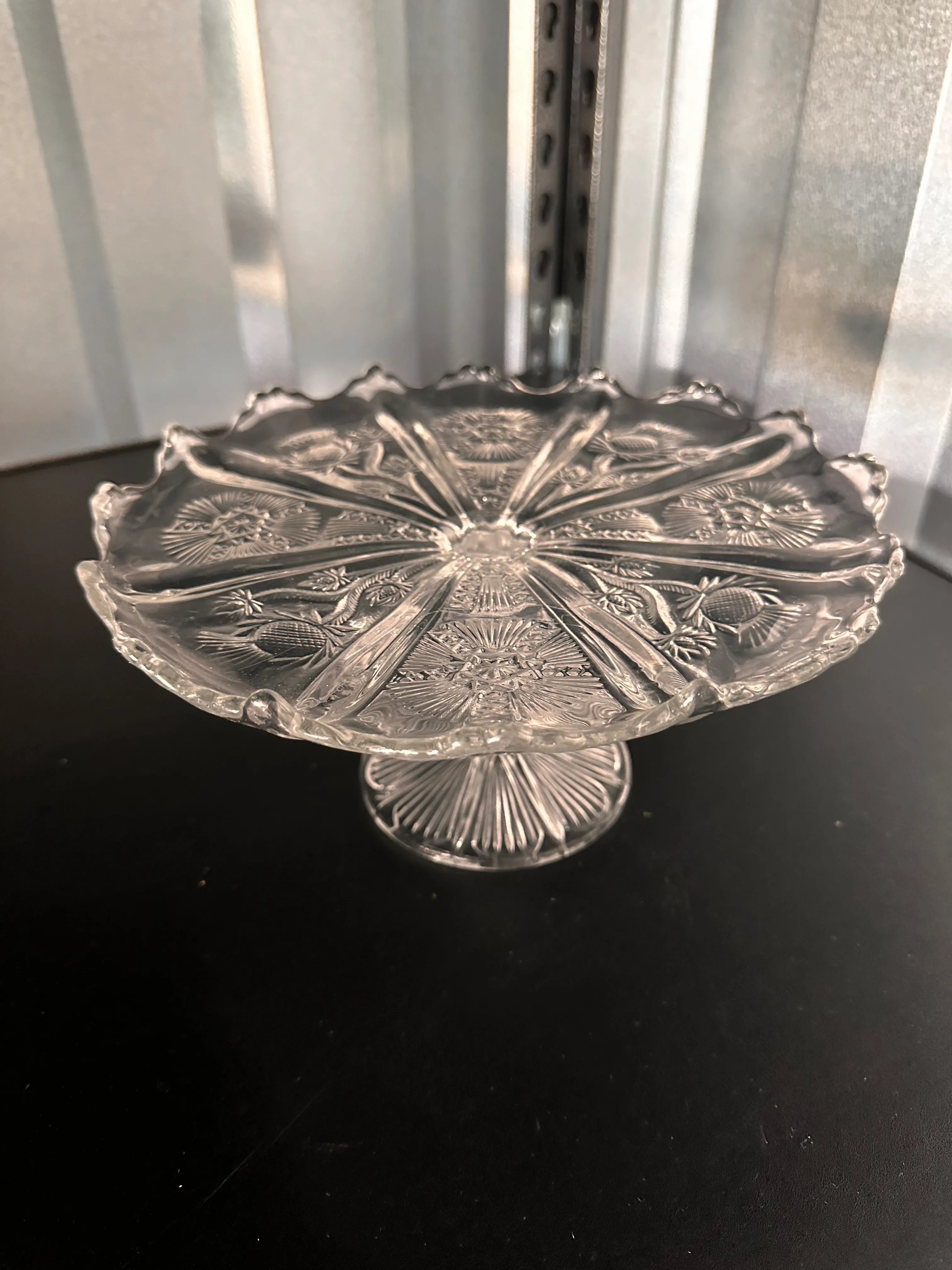 Cake stand-clear glass etched with scalloped edge