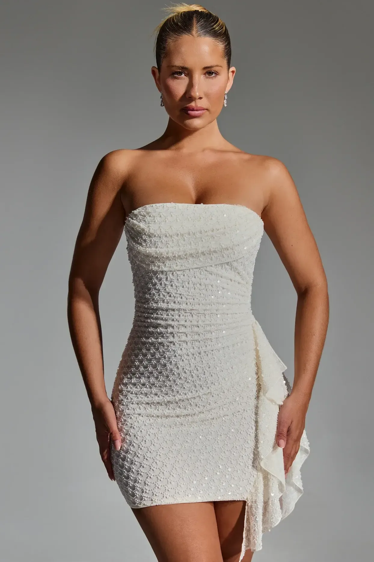 ARIAVELA EMBELLISHED RUFFLED MINI DRESS IVORY