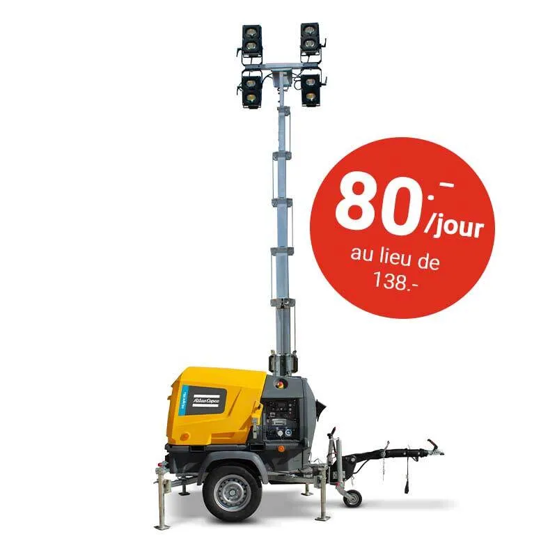 HiLight H6+⚡🍃, Mât d’éclairage LED mobile Atlas Copco – diesel ou 230V – 6’000 m²