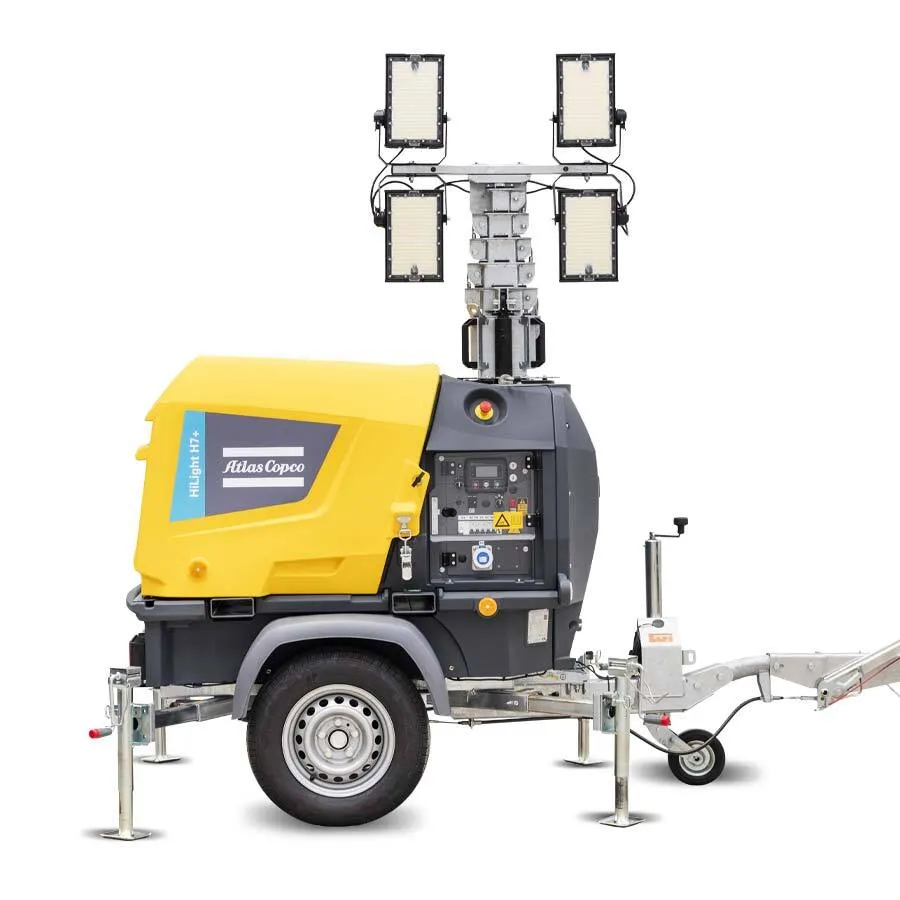 HiLight H7+⚡🍃, Mât d’éclairage à LED mobile Atlas Copco – 7’000 m² – diesel ou 230V – 176 h d’autonomie