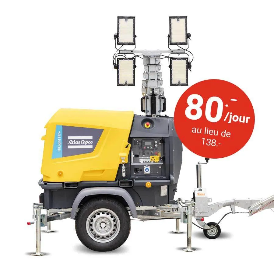 HiLight H7+⚡🍃, Mât d’éclairage à LED mobile Atlas Copco – 7’000 m² – diesel ou 230V – 176 h d’autonomie