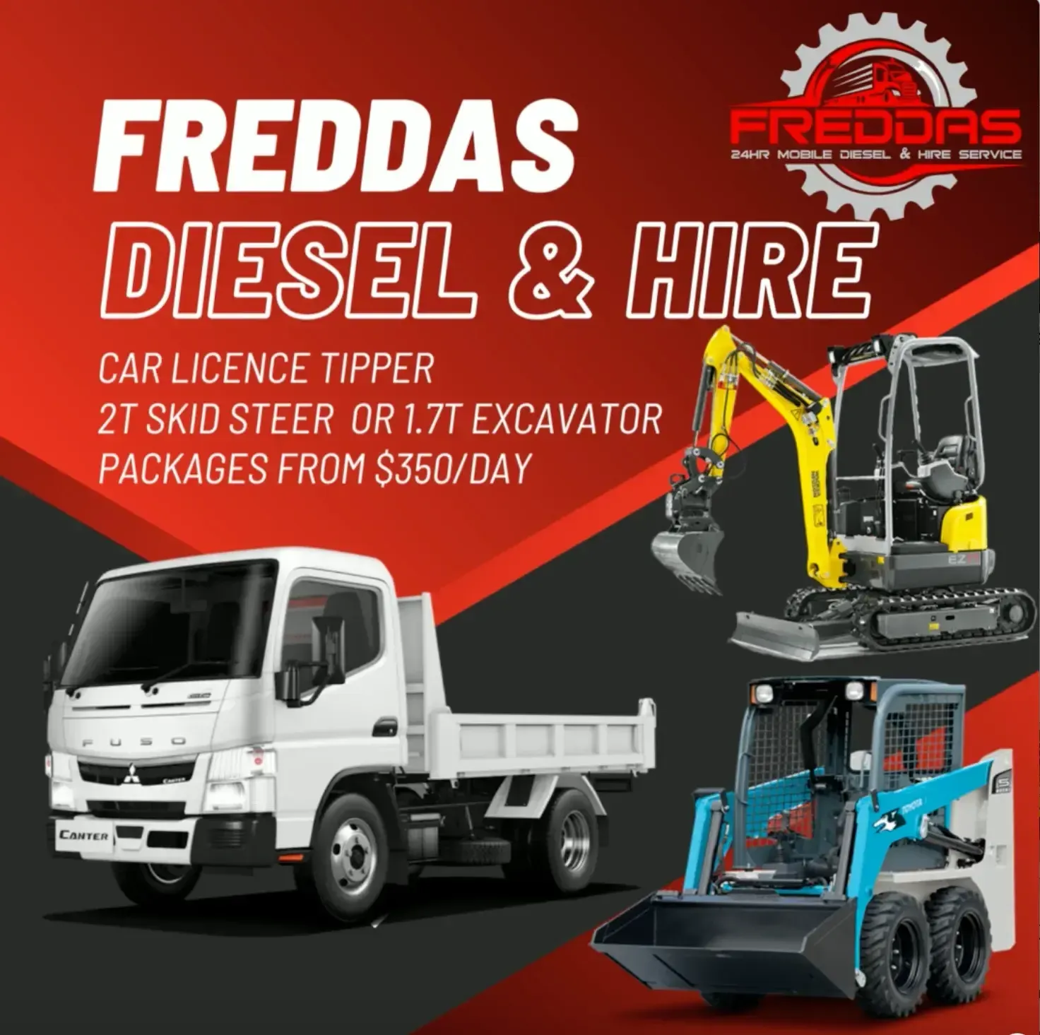 FREDDAS HIRE Rent topquality car license tippers SKID STEER Freddas