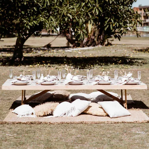 wedding and event hire white picnic tables Gold Coast Wedding