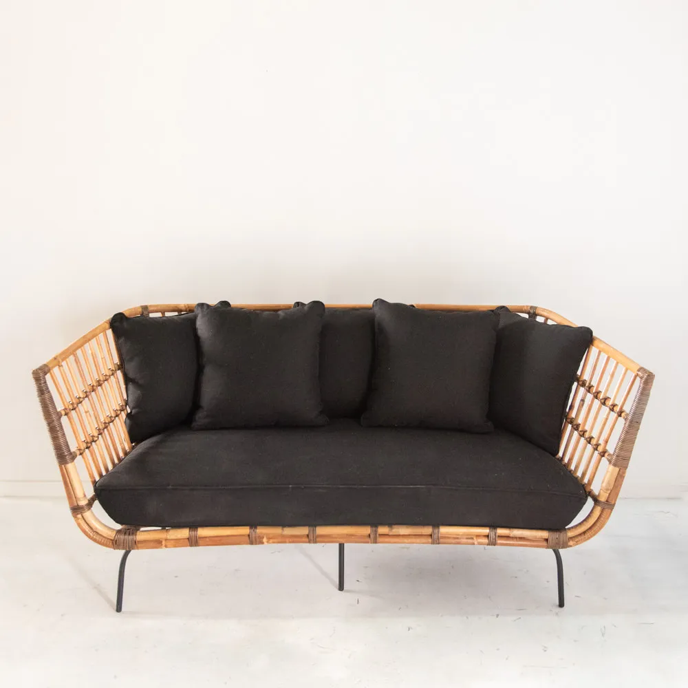 event hire rattan sofa with black cushions Gold Coast Wedding