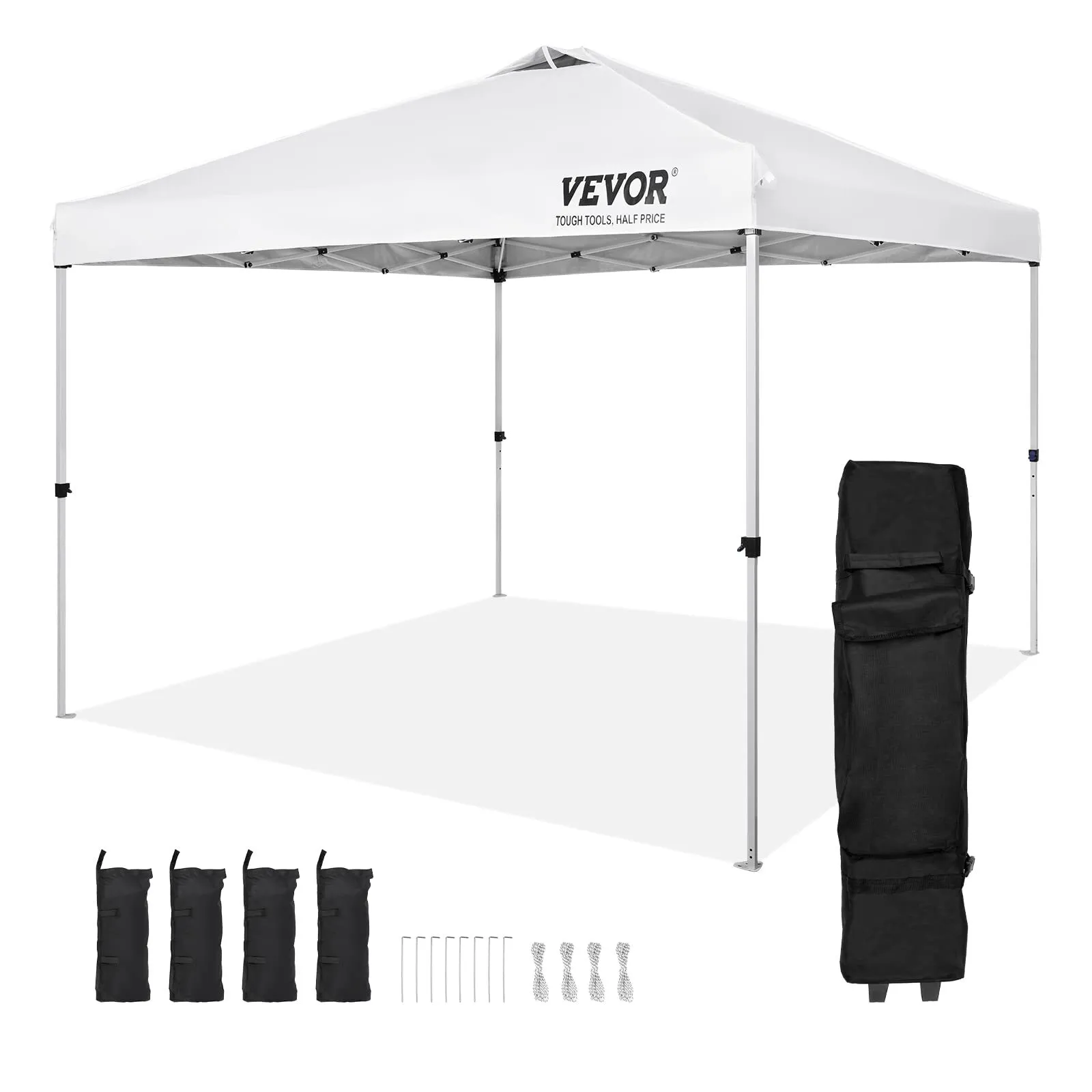 Tonnelle Pop-up 304,8x304,8 cm Tonnelle Auvent Jardin Bâche Enduit Argenté PU 250D Sac à Roulettes Portable 4 Sacs de Sable Abri Solaire Imperméable pour Plein Air, Plage, Fête, Camping, Blanc